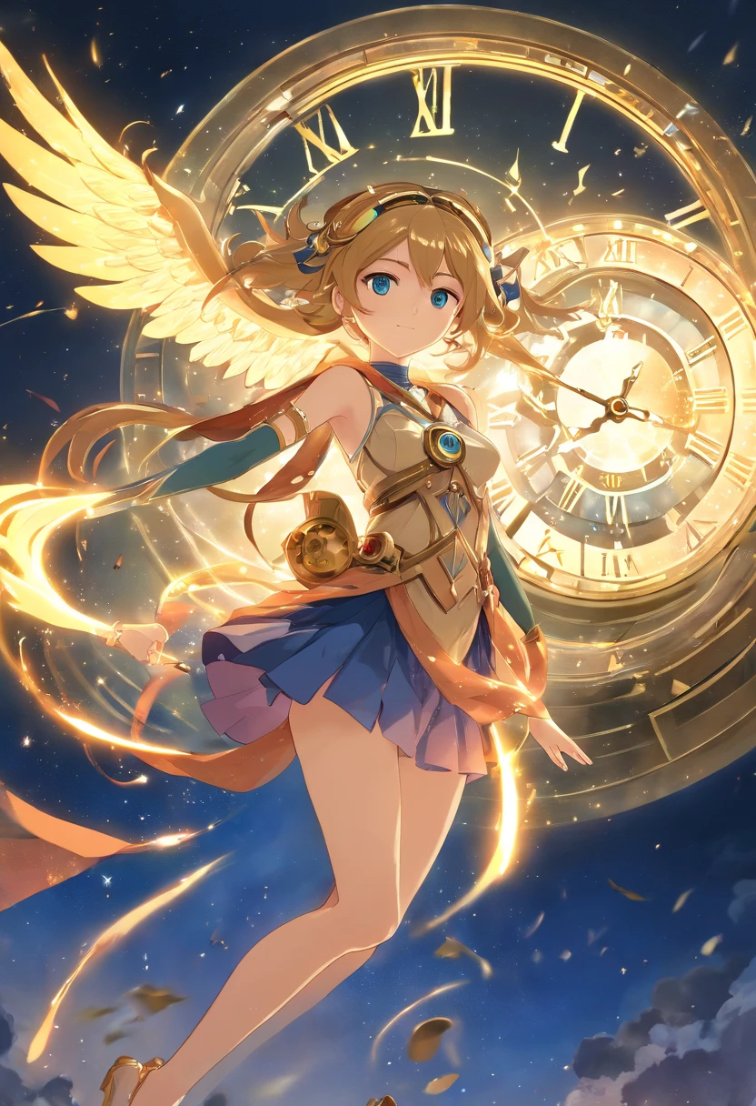 (masterpiece, top quality, best quality, official art, beautiful and aesthetic:1.4, watercolor:1.1), (Goddess of Time:1.5), ethereal presence, flowing robes woven with threads of past, present, and future, (numerous clocks:1.4) of all sizes floating around her, hands moving in harmonious chaos, aura of ageless wisdom, ticking echoing eternity