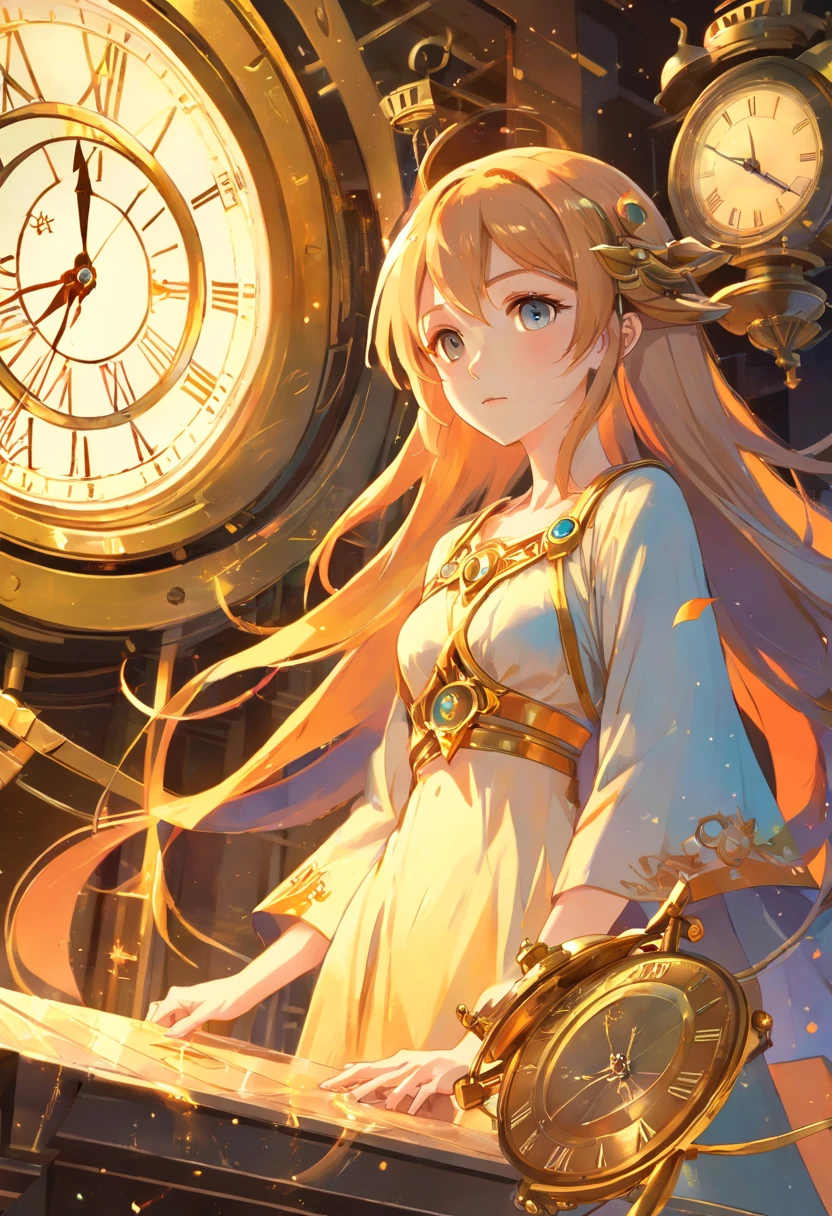 (masterpiece, top quality, best quality, official art, beautiful and aesthetic:1.4, watercolor:1.1), (Goddess of Time:1.5), ethereal presence, flowing robes woven with threads of past, present, and future, (numerous clocks:1.4) of all sizes floating around her, hands moving in harmonious chaos, aura of ageless wisdom, ticking echoing eternity