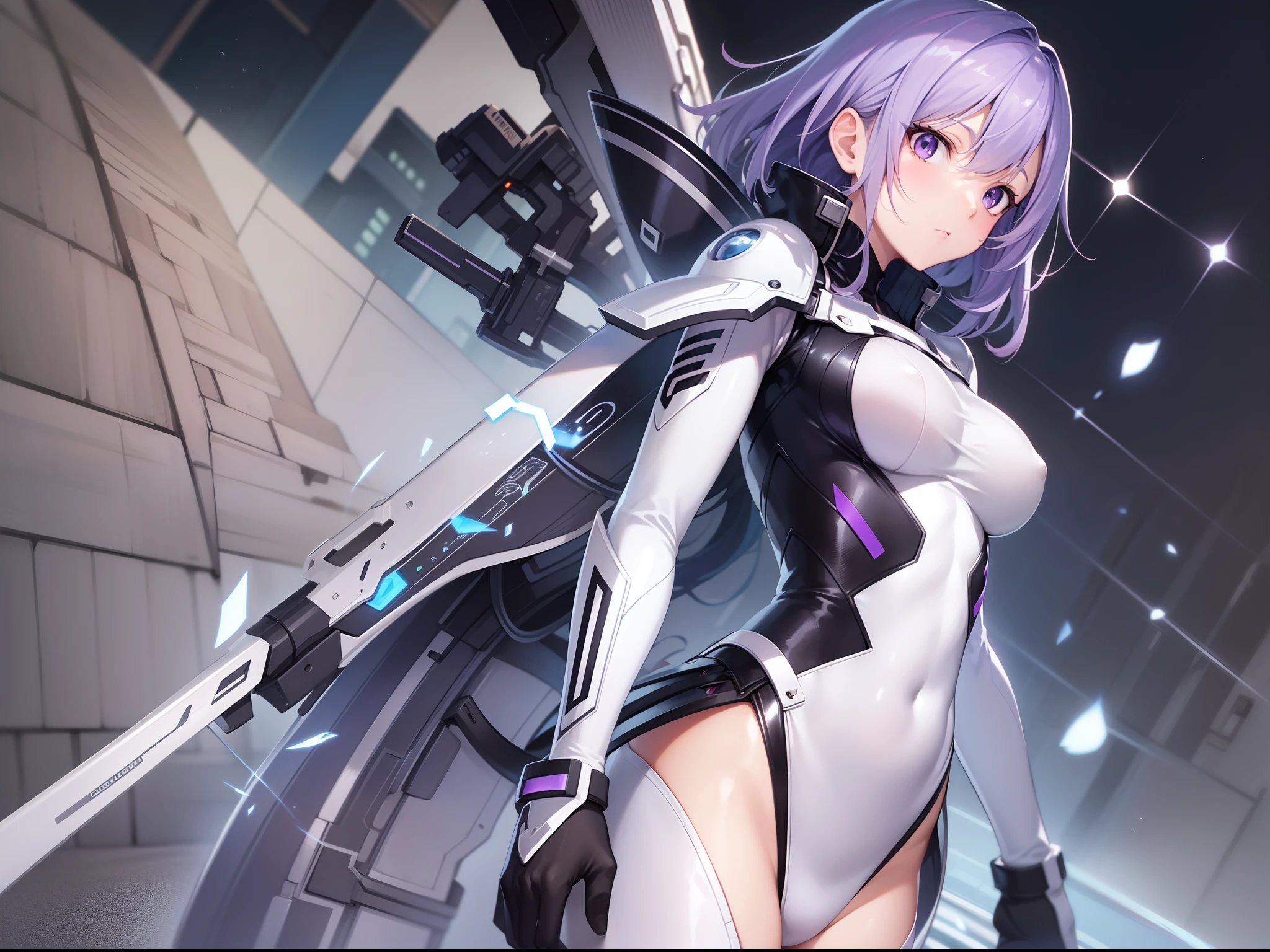 ((Finest quality)),(超A high resolution),(ultra-detailliert),((Best Anime)),sharpnes,clear, ((adult woman:0.8), (Pilot suit in tight blue tones:1.2,White Line:0.8),(violet hair:1.4,short-cut)