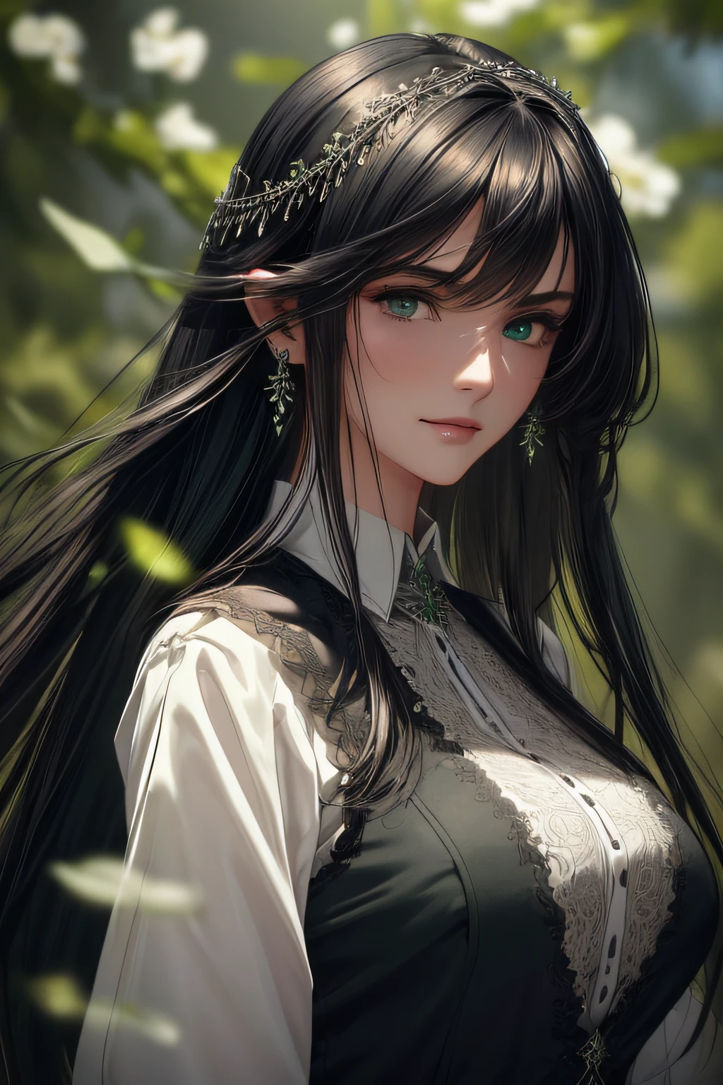 (masterpiece,best quality,ultra_detailed,highres,absurdres) solo, female focus, mysterious, Extremely gorgeous, 1 mature female, 25-ish, long black sleek hair, flat bangs, green highlight, floating hair, sidelocks, beautiful detailed Glass hair, delicate beautiful face, smirk smile, Iridescence and colorful eyes (detailed eyes), closed_mouth, Delicate arms and hands, big_breasts, (green eyes), white skin, delicate metal decorations, earrings, Beautifully gorgeous necklace, flowing lace, surreal, intricate light, Flying green petals, lens flare, absurdres, highres, very fine 8KCG wallpapers, simple background, ((close-up shot)), (((modern clothes))) (vest, looking at viewer, collared shirt, long sleeves, white shirt, black vest, earings).