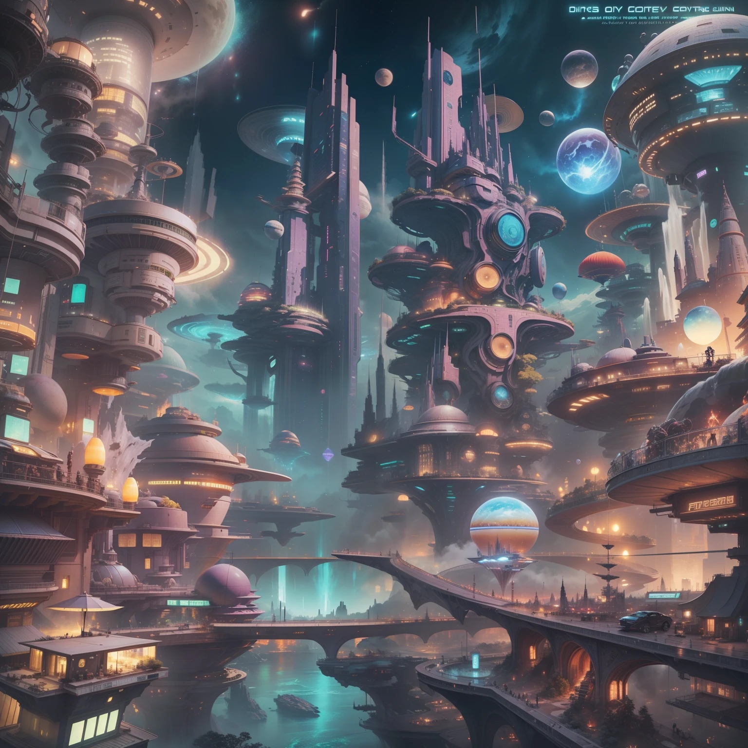 Space City、Futuristic cities、alien、floating in the universe、cyberpunked、The streets are lined with skyscrapers、A space station、Super huge waterfall、top-quality、masterpiece、24century、dream、utopian、planet earth、World of Dreams、Fantasia、𝓡𝓸𝓶𝓪𝓷𝓽𝓲𝓬、Beautiful city