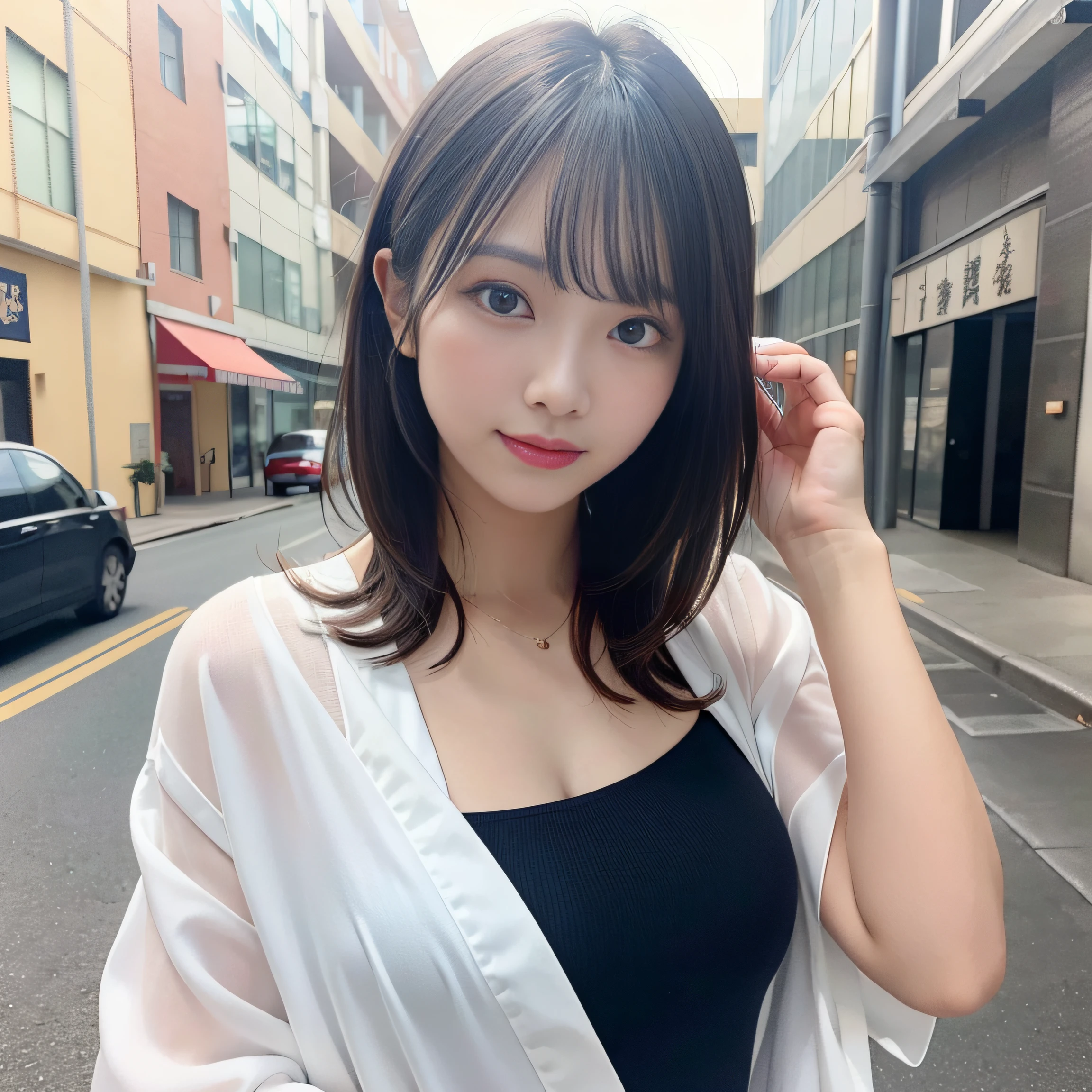 (8K、Raw photography、top-quality、masuter piece:1.2)、ultra-detailliert、ultra res、(realisitic、rialistic photo:1.37)、portlate、high-definition RAW color photography、Professional Photography、highly detailed and beautiful、ighly detailed、8K Picture Wallpaper、amazing detailed、huge filesize、Official art、Highly detailed CG Unity 8K wallpapers、Very detailed beauties、extra detailed face、extremely detailed eye、highlydetailed skin、extremely detailed fingers、highly detailed nose、very detailed detailed mouth、Perfect Anatomy、细致背景、Detailed clothing、Beauty 1 person、age 30s:1.4、nogizaka、Realistic body、小柄、de pele branca、glistning skin、Slim body、Handsome body、A dark-haired、short-hair、(bluntbangs: 1.2)、Shy smile、kawaii、kawaii faces、Lifelike face、Delicate eyes、Sauce order、see -through、耳Nipple Ring、Looking at the camera、cowboy shot、front facing、standing athletic pose、动态照明、middlebreasts、beauty legs、The upper part of the body:1.3、gravure、FULL BODYSHOT、Fashionable clothes