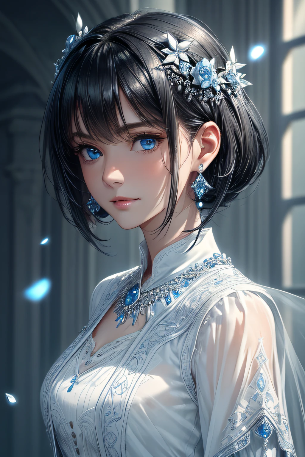 (masterpiece,best quality,ultra_detailed,highres,absurdres) solo, female focus, mysterious, Extremely gorgeous, 1 mature female, 25-ish, short black hair with fringe, wept bangs, floating hair, sidelocks, beautiful detailed Glass hair, delicate beautiful face, smile, Iridescence and blue eyes (detailed eyes), closed_mouth, Delicate arms and hands, small_breasts, blue eyes, white skin, delicate metal decorations, earrings, Beautifully gorgeous necklace, flowing lace, surreal, intricate light, Flying blue petals, lens flare, absurdres, highres, very fine 8KCG wallpapers, white background, (close-up shot), modern clothes (suit, collared shirt, long sleeves, white shirt, black vest, earings), looking at viewer.