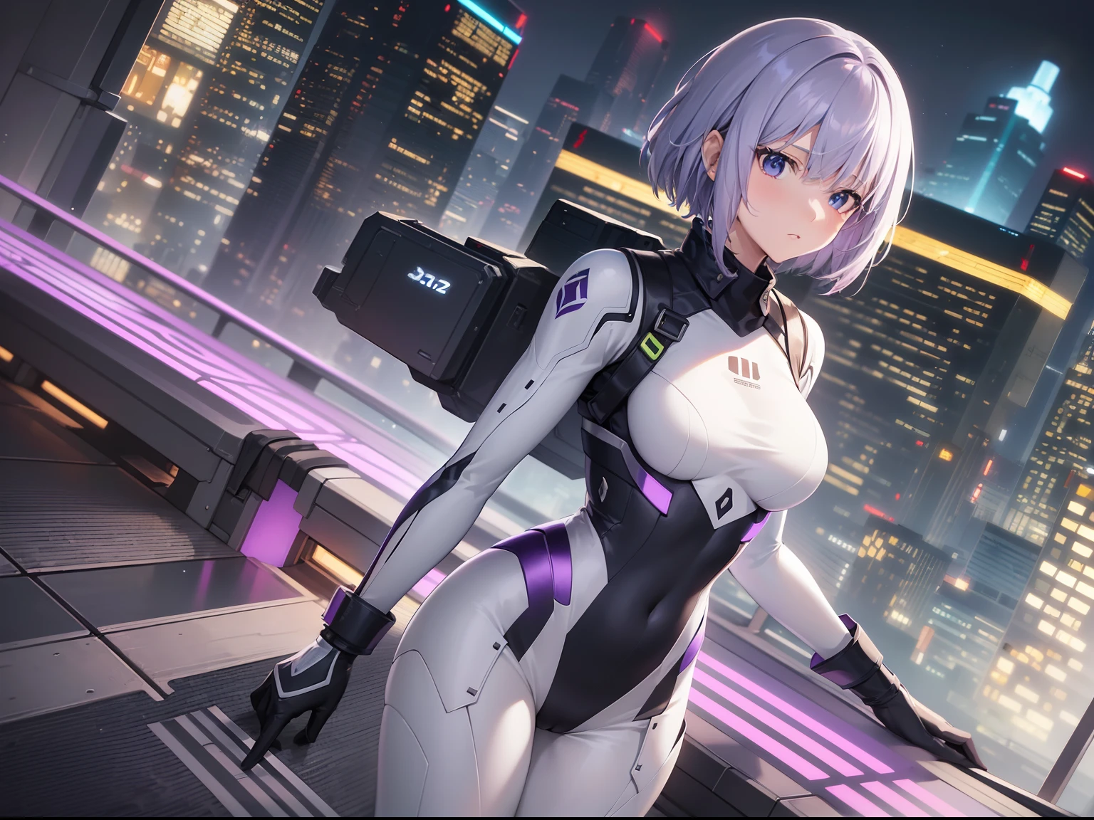 ((Finest quality)),(超A high resolution),(ultra-detailliert),((Best Anime)),sharpnes,clear,cinematic,Sci-Fi Art:1.2, SF fighter,Sci-Fi World Pilots:1.2, ((adult  woman), (Tight green pilot suit:1.2,White Line:0.8),(violet hair:1.4,short-cut),