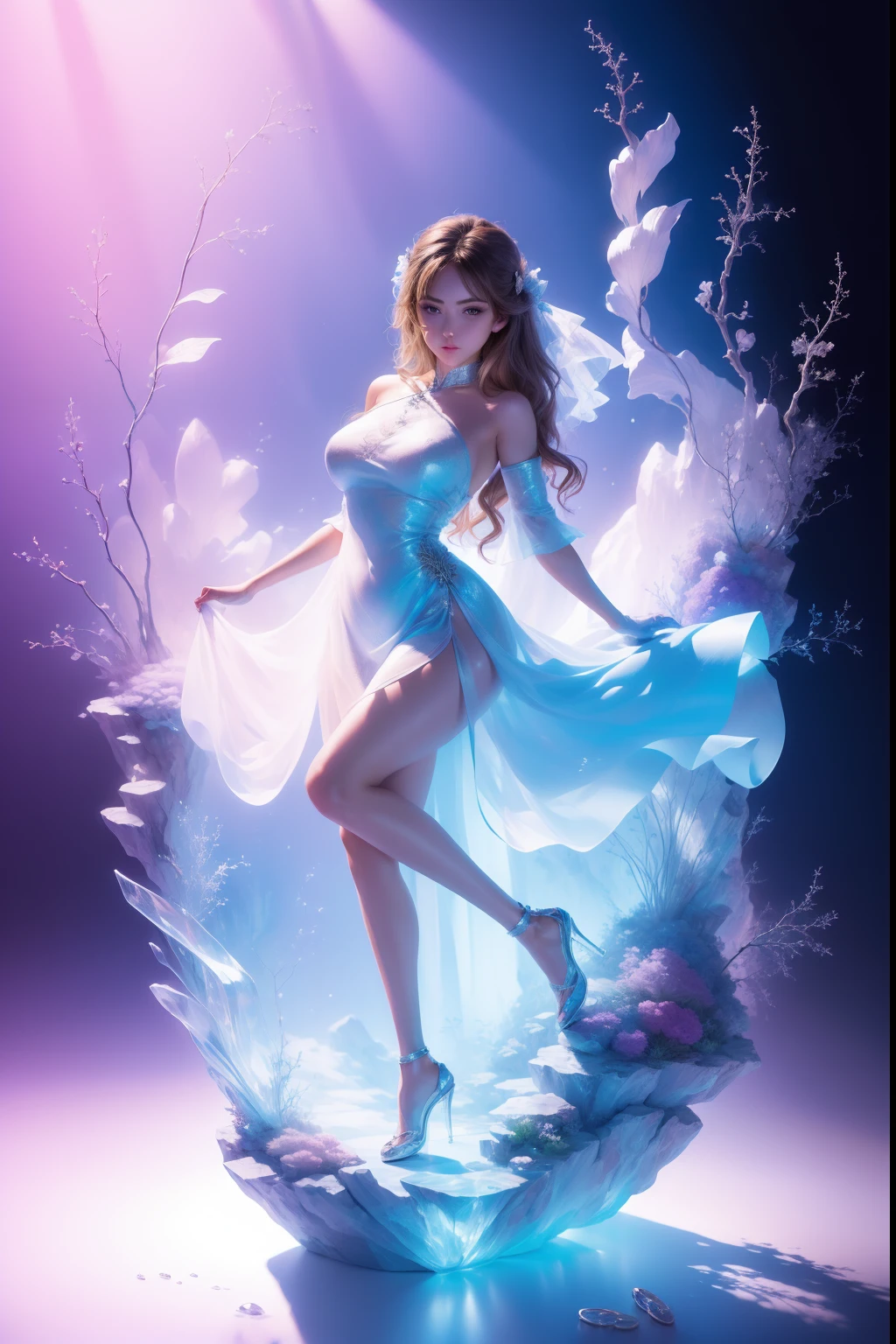 Microlandscape,(((Girl))),is wearing dress,cleanness,Glass texture,Transparent clothes,Intimate clothing Big breasts