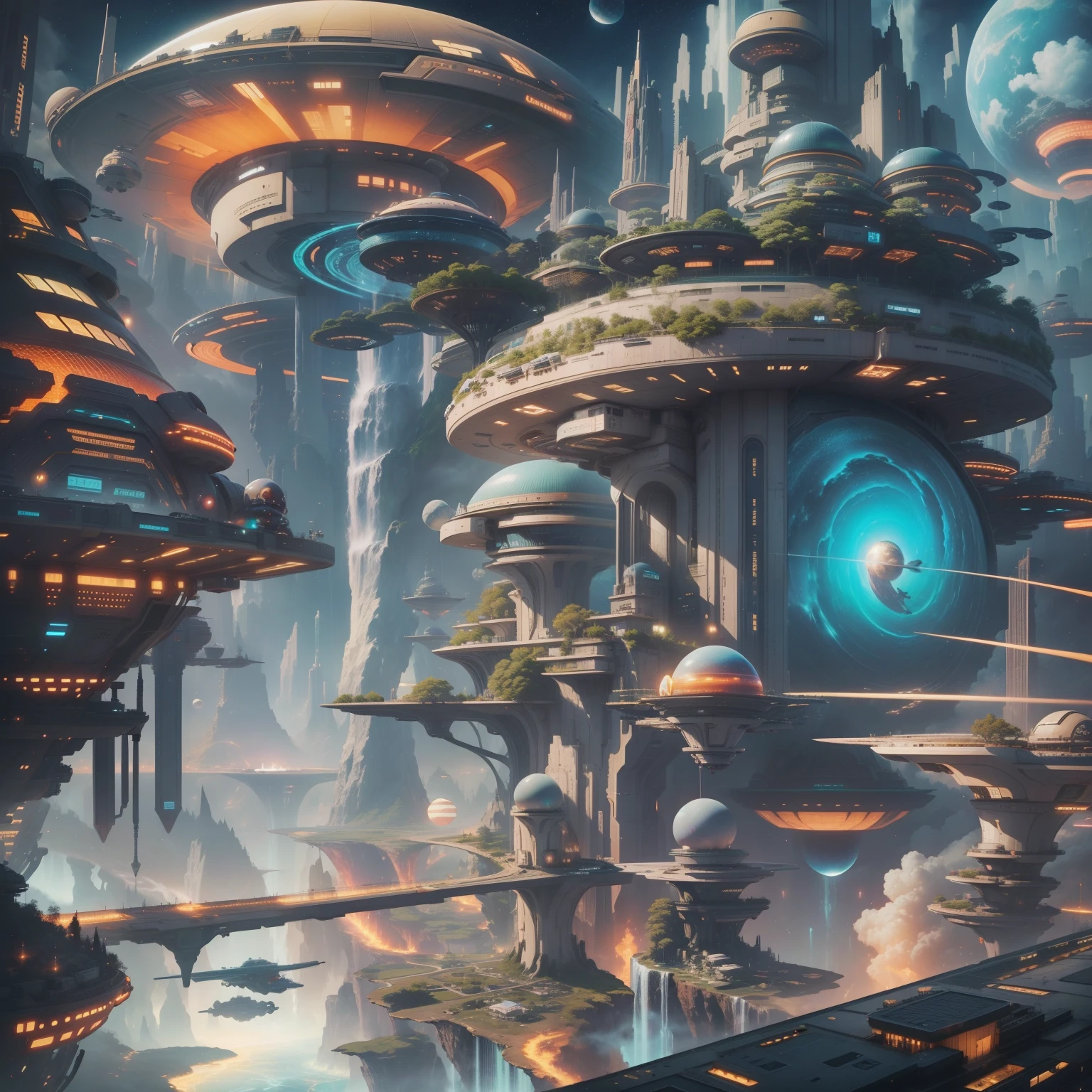 Space City、Futuristic cities、alien、floating in the universe、cyberpunked、The streets are lined with skyscrapers、A space station、Super huge waterfall、top-quality、masterpiece、24century、dream、utopian、planet earth、World of Dreams、Fantasia、𝓡𝓸𝓶𝓪𝓷𝓽𝓲𝓬、Beautiful city