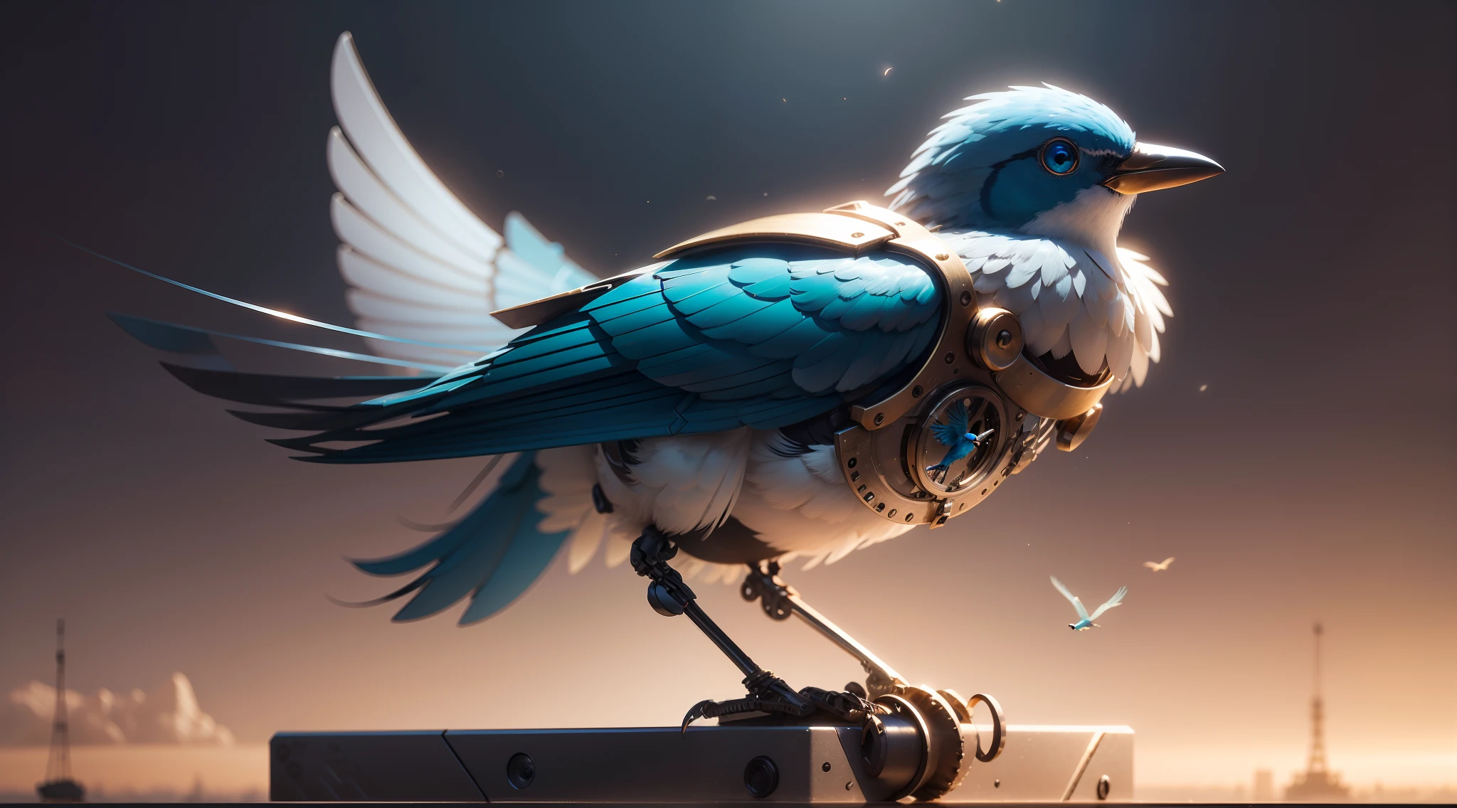 Fully mechanical metal bird weight, Non-organic birds, Mechanical Bluebird, robot bird, machine components, Detailed, 1 bird, Highly detailed, Consists of many pieces of metal, elegant highly detailed, Space with a magnificent backdrop, Background blur, the golden ratio, Simple and classy
