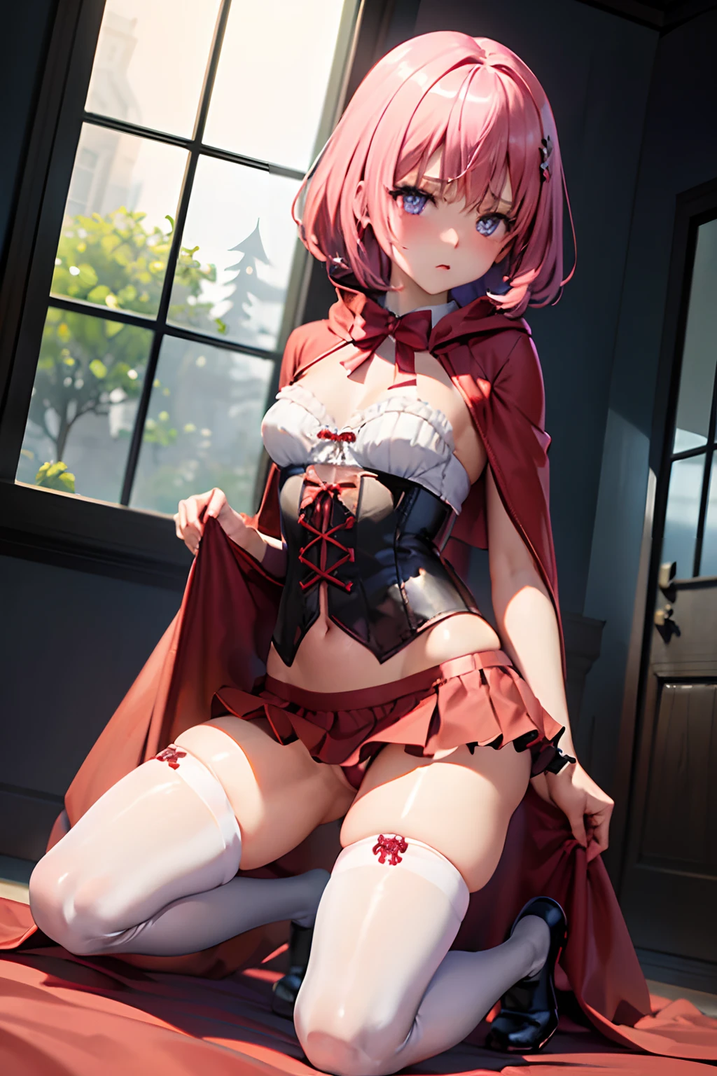 (top-quality:1.1), (masterpiece:1.4), (absurderes:1.0), portlate, a closeup,
1girl in、Momovelia Deviluk、hair adornments、bob cuts、Shorthair pink hair、a purple eye、Medium chest、((White blouses))、looking at the viewers、Bedroom、(red blush:1.2)、embarassed expression、(((white knee highs)))、black backgrounds、((corsets))、((Kneeling))、long boots、Pumpkin Lantern、fullmoon、(a miniskirt)、(red robes)、((red hood))、((Red panties))、((Show underwear))