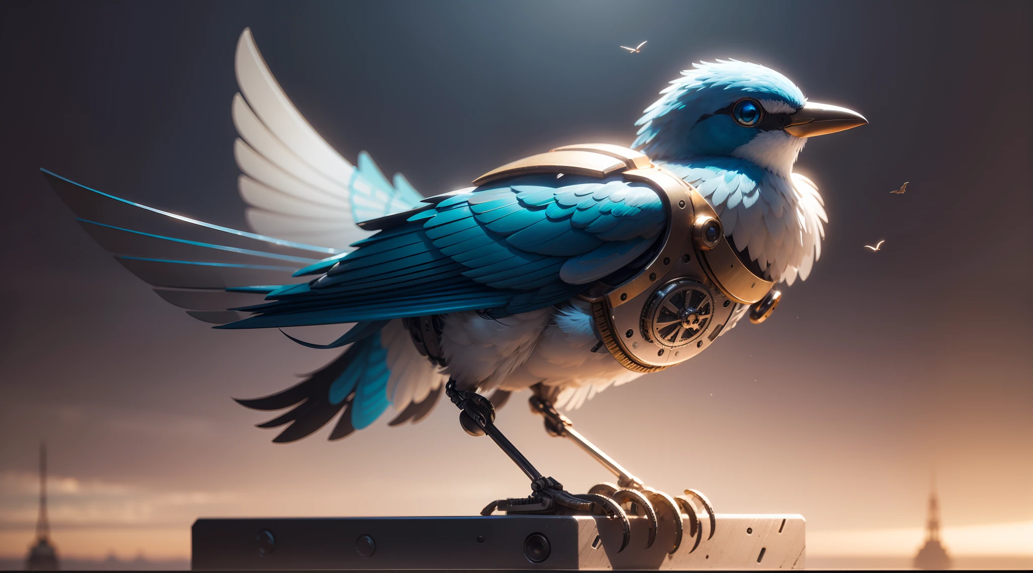 Fully mechanical metal bird weight, Non-organic birds, Mechanical Bluebird, robot bird, machine components, Detailed, 1 bird, Highly detailed, Consists of many pieces of metal, elegant highly detailed, Space with a magnificent backdrop, Background blur, the golden ratio, Simple and classy