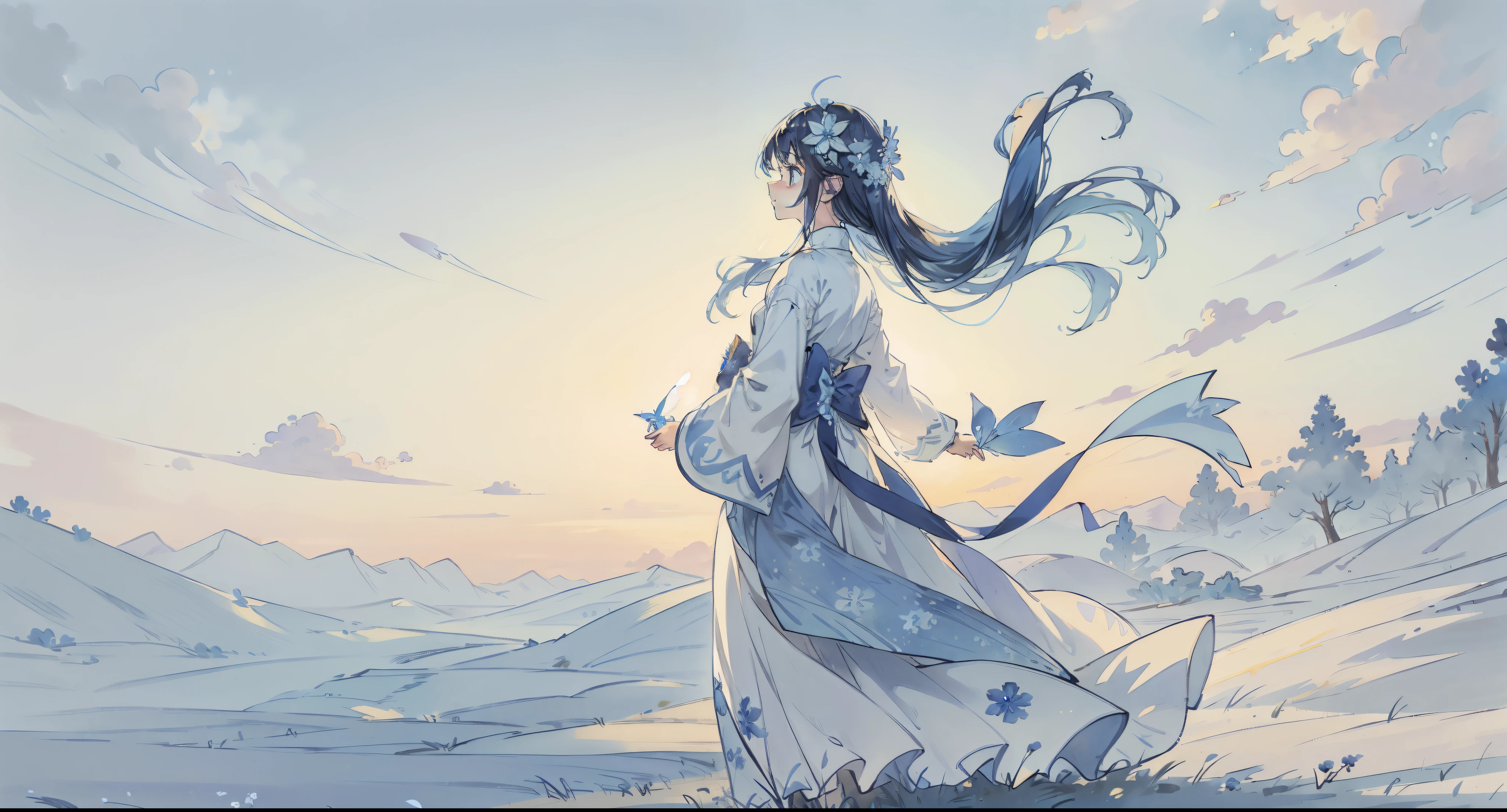 (absurderes, A high resolution, Ultra detailed, hyper HD, Cinematic), Solo, 1girll, mature, cheerfulness, Girl standing in a light blue flower field, Girl around light blue petals, full bodyesbian, Blue long-haired girl, Light blue hair, fantasy, Dreamy, Snowy, offcial art, Pop art, profile, com rosto detalhado, hyper detail eyes, Light blue flower field, Hyper-detailed fields, White blue sky, Cold, Light blue, White, Nebula in the sky, blue tree, aquarelle, Pastel color