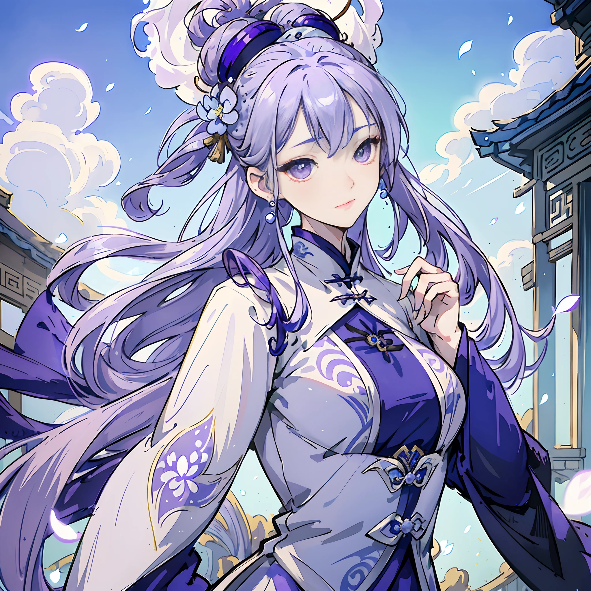 Mature girl, purple eyes, blue-white hair color, floating hair, delicate and flexible eyes, intricate damask hanfu, gorgeous accessories, wearing pearl earrings, fov, f/1.8, masterpiece, ancient Chinese architecture, blue sky, flower petals flying, front portrait shot, Chang'e, side lighting, sunlight on people, 8K
