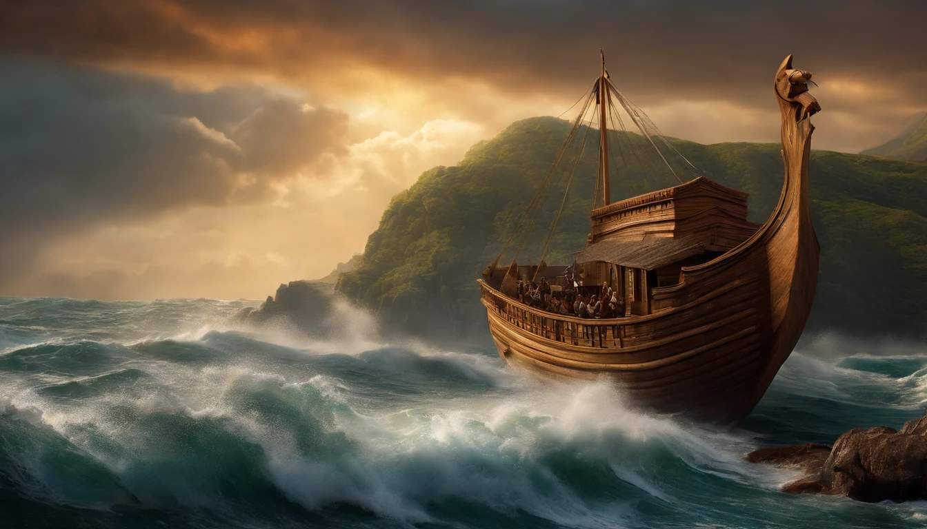 "( (8k:1.27), Qualidade Superior, master part, Ultra high resolution:1.2) of a dramatic scene: Noah's ark facing the very rough open sea, carregando afro (apavorado) Povo (Homens, mulher, childrens) a bordo, capturado de um (Dramatic) vista."