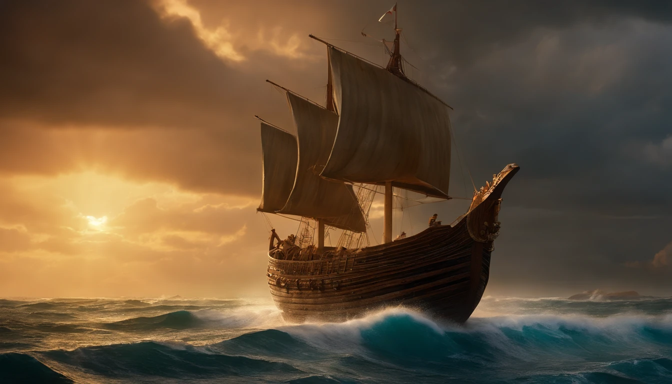 "( (8k:1.27), Qualidade Superior, master part, Ultra high resolution:1.2) of a dramatic scene: Noah's ark facing the very rough open sea, carregando afro (apavorado) Povo (Homens, mulher, childrens) a bordo, capturado de um (Dramatic) vista."