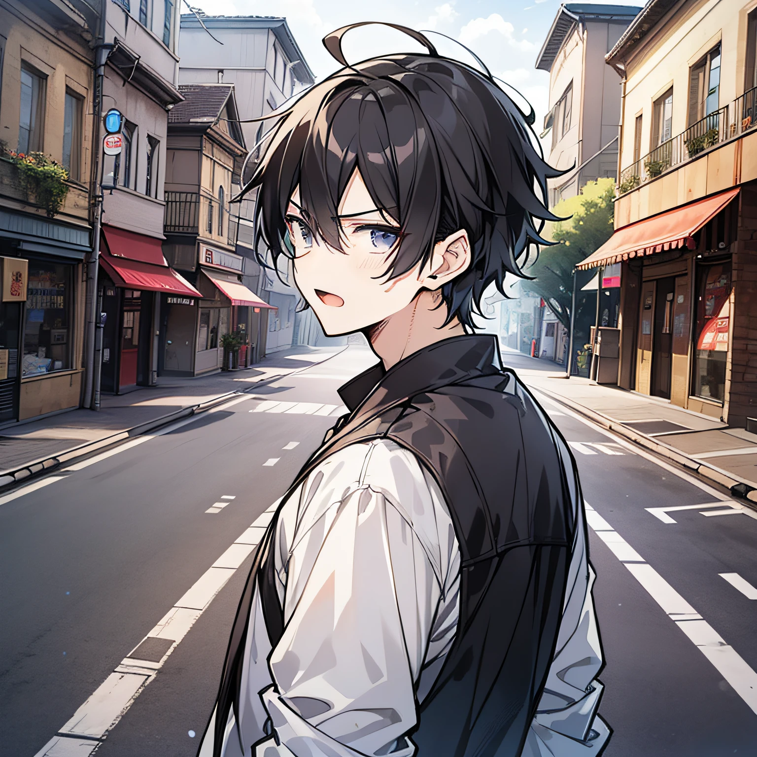 Around 18 years old, young anime man，Short black hair 1.5，Wear a plain white shirt，Standing on the side of the road in town with an angry expression（Open mouth 1.5）（Rage 1.5）（The background is on the roadside of the town：1.5），Anime style 4K，Anime rendering，style of anime，8K fineness，（Upper body display：1.5）（Cinematic lighting：1.5）（Handsome anime boy 1.5）