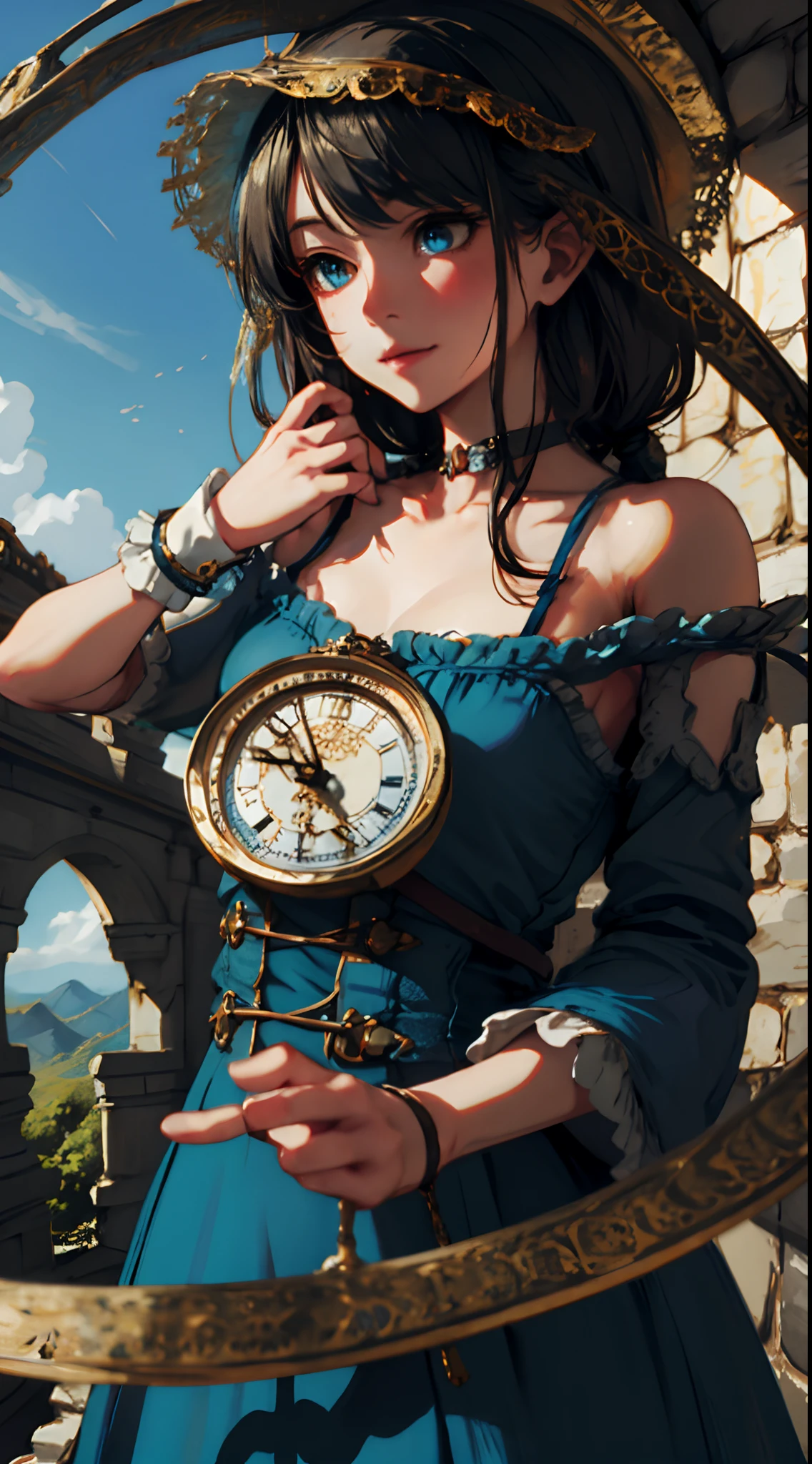 1 girl, upper body, single focus, adventurous beauty, Alice-inspired dress, curious expression, (wonderland: 1.4), (enchanted journey: 1.3), bright blue eyes, whimsical aura, [depth of field, ambient lighting, whimsical foreground, fantastical Wonderland background], Wonderland's Alice, curious exploration, fantastical landscapes, (giant mushrooms), (clock tower: 1.2), intricate details, enhanced lighting.