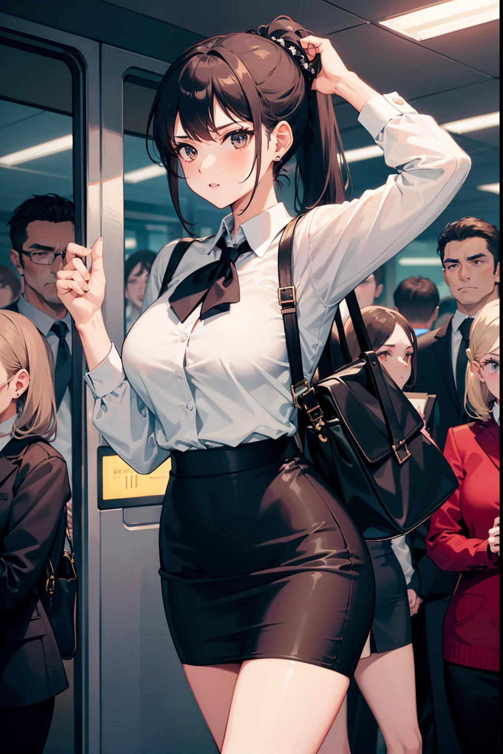 1 girl, elegant body, office lady, short pencil skirt ponytail hair lady, very crowded train, night time
