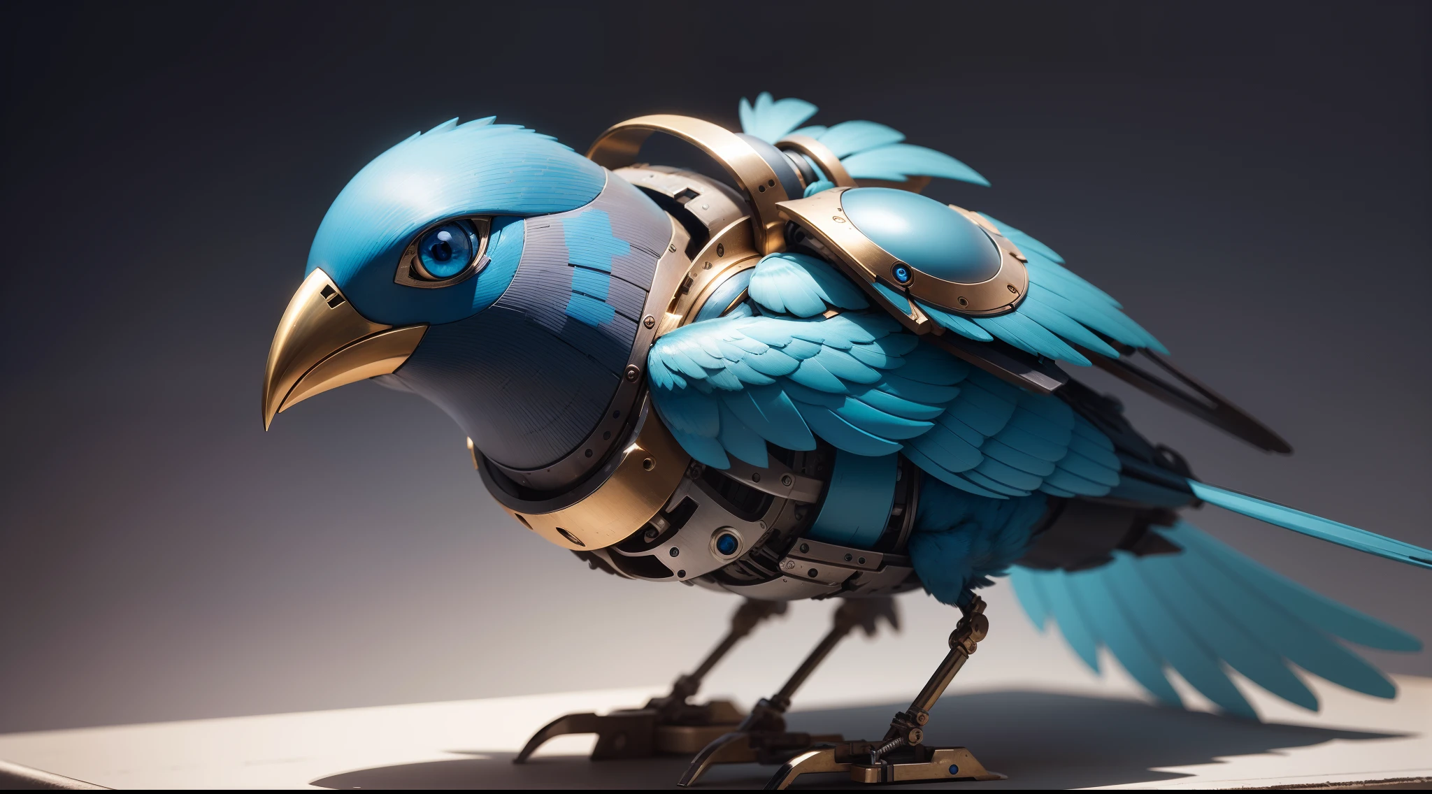 Fully mechanical metal bird weight, Non-organic birds, Mechanical Bluebird, robot bird, machine components, Detailed, 1 bird, Highly detailed, Consists of many pieces of metal, elegant highly detailed, the background is the universe, Background blur, the golden ratio, Simple and classy