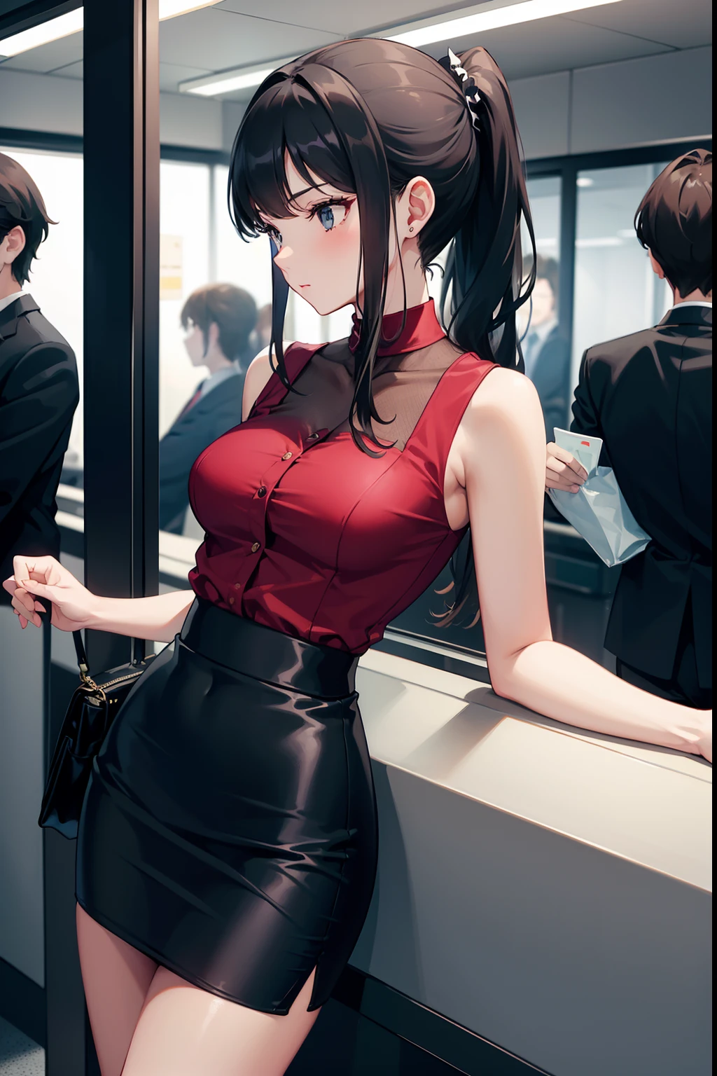 1 girl, elegant body, office lady, short pencil skirt ponytail hair lady, very crowded train, night time