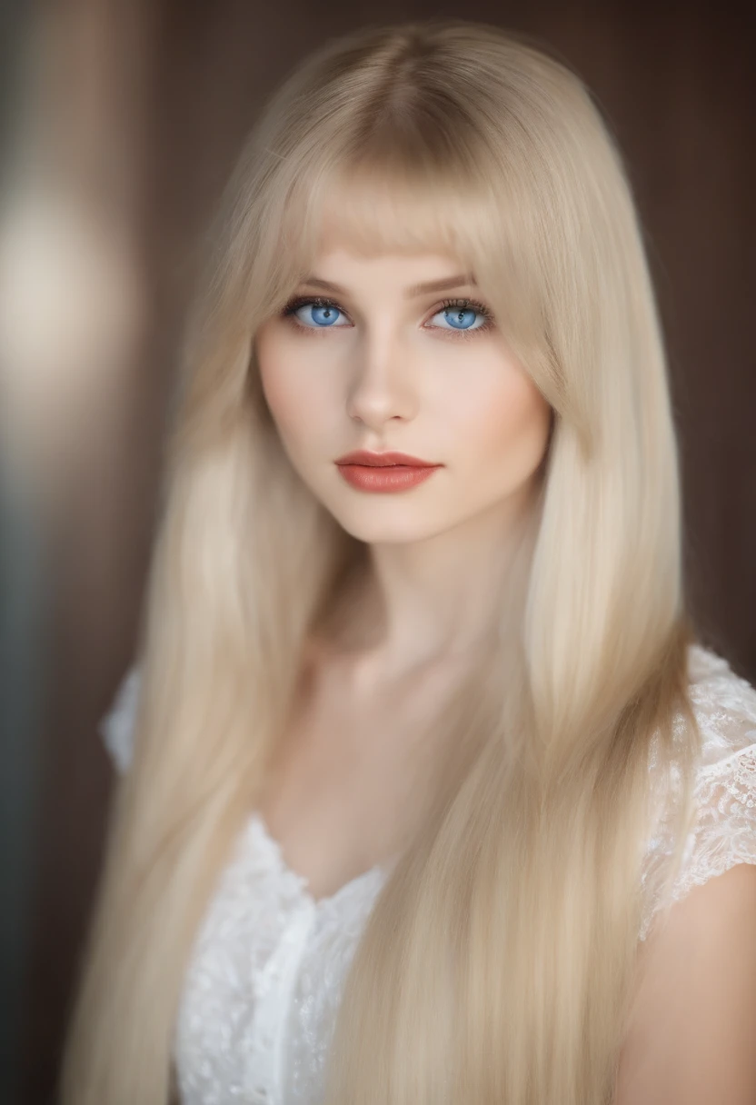 Unparalleled beauty, Glossy shiny firmness and shiny skin, bangs between the eyes, Glossy Straight Beautiful Platinum Blonde, Super Long Straight Silky Hair, eye line, Sexy beautiful innocent 14 years old, High Definition Big Big Beautiful Bright Blue Eyes, Beautiful and nice girl, Baby face, Short sleeve shirt