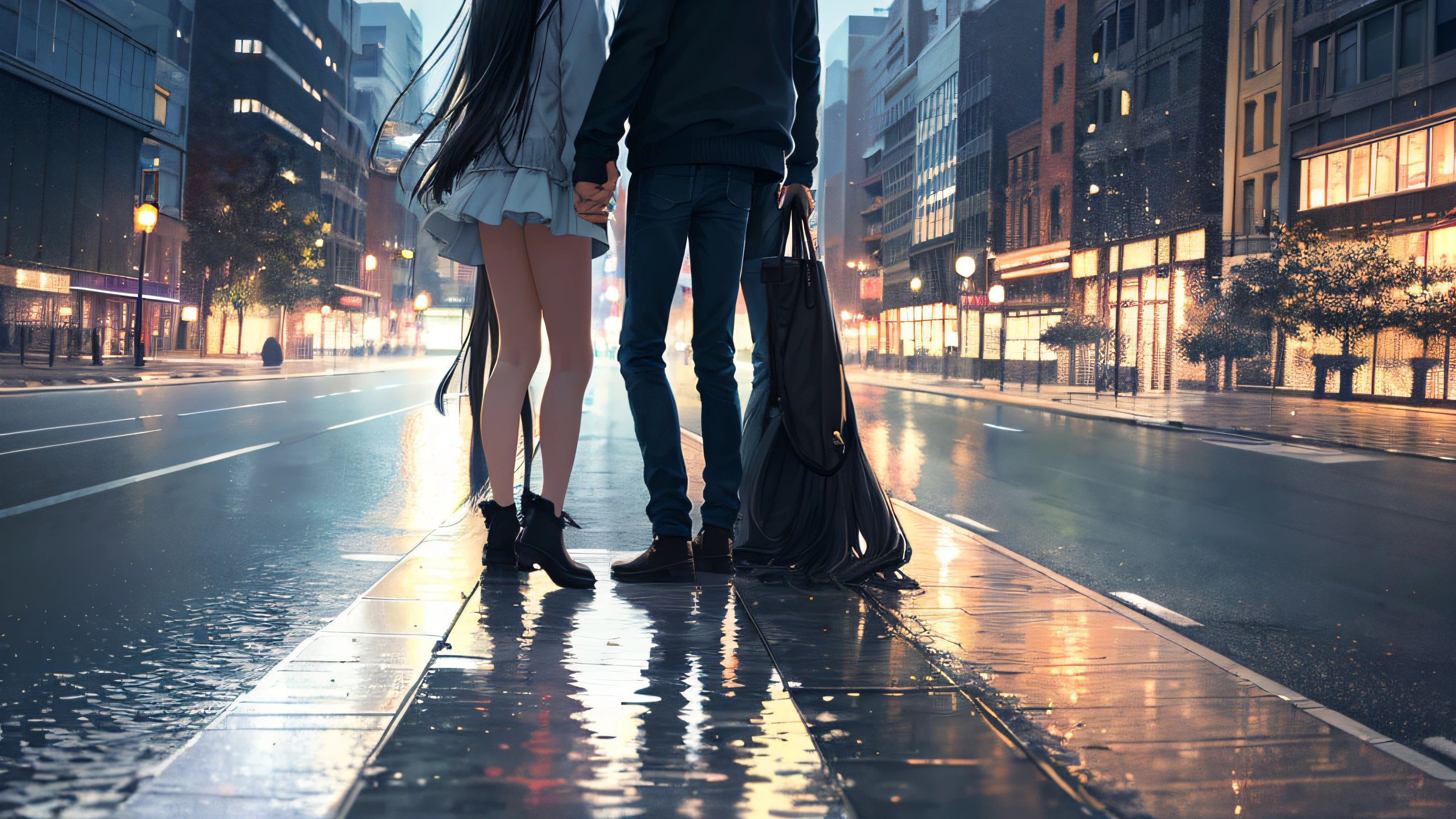 a female and a male with long dark hair, stand and back on to each other, lonely, one side is full of light, one side is dark, rainny, on the street, poddle of water on the road, reflecting, polar opposites, symmetry, panorama, perspective, ray tracing, reflection light, depth of field, masterpiece, best quality, high details, high quality, textured skin, ccurate, UHD, HD