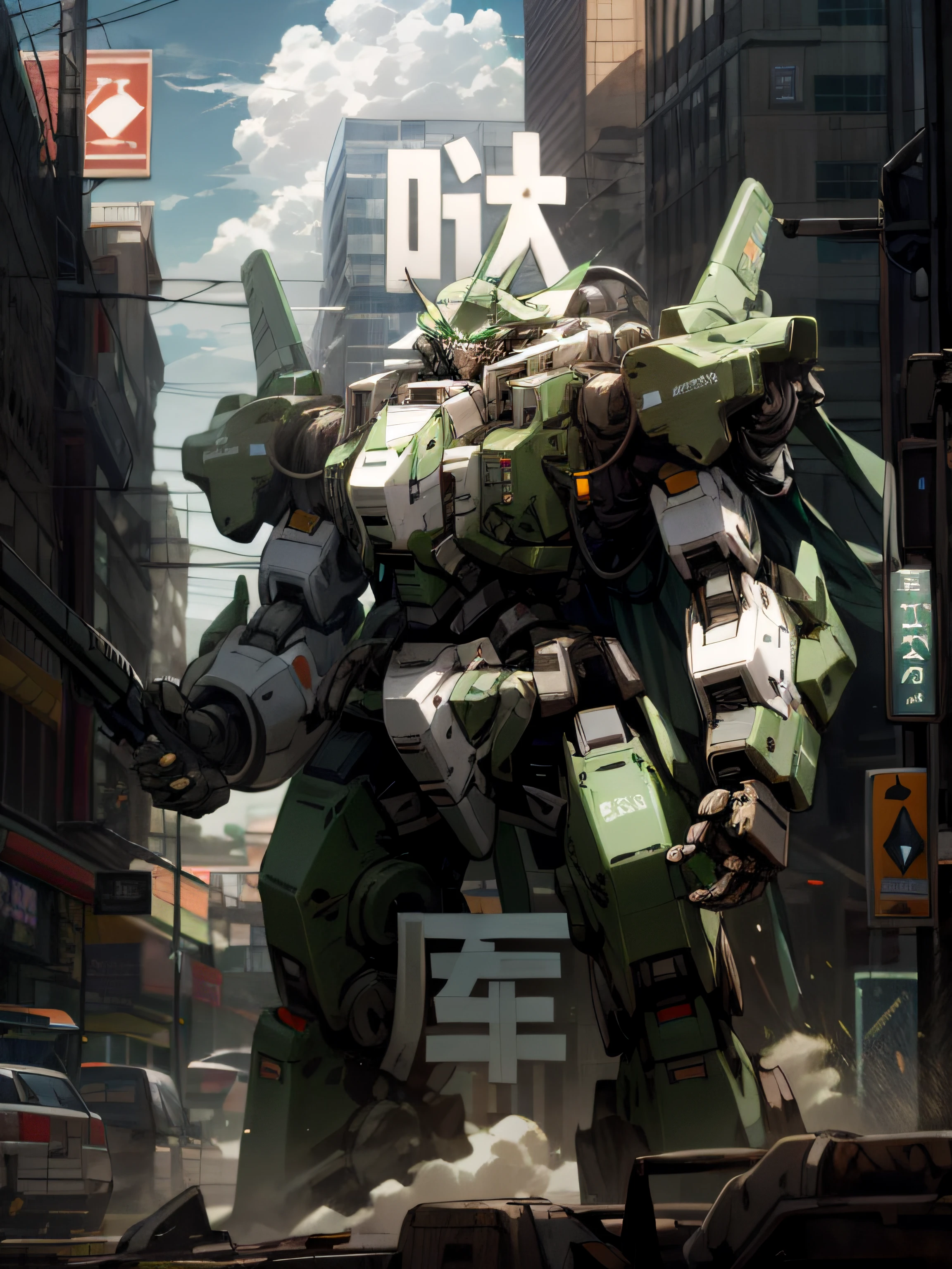 sky, cloud, holding_weapon, no_humans, glowing, , robot, building, glowing_eyes, mecha, science_fiction, city, realistic,mecha