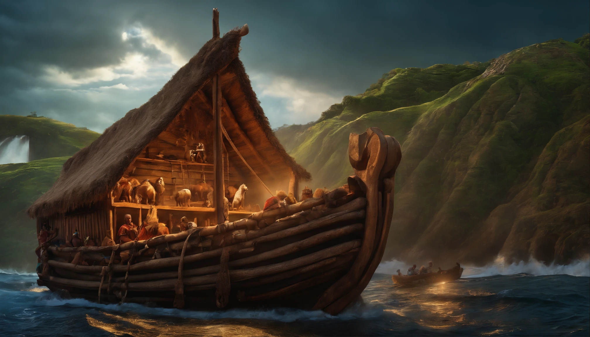 "( (8k:1.27), Qualidade Superior, master part, Ultra high resolution:1.2) of a dramatic scene: Noah's ark facing the very rough open sea, carregando afro (apavorado) Povo (Homens, mulher, childrens) a bordo, capturado de um (Dramatic) vista."