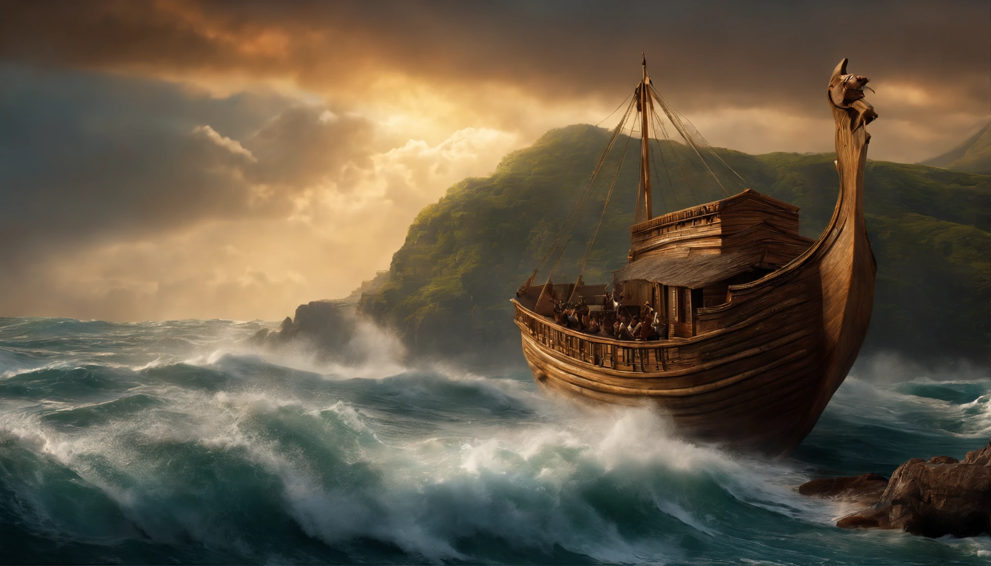 "( (8k:1.27), Qualidade Superior, master part, Ultra high resolution:1.2) of a dramatic scene: Noah's ark facing the very rough open sea, carregando afro (apavorado) Povo (Homens, mulher, childrens) a bordo, capturado de um (Dramatic) vista."