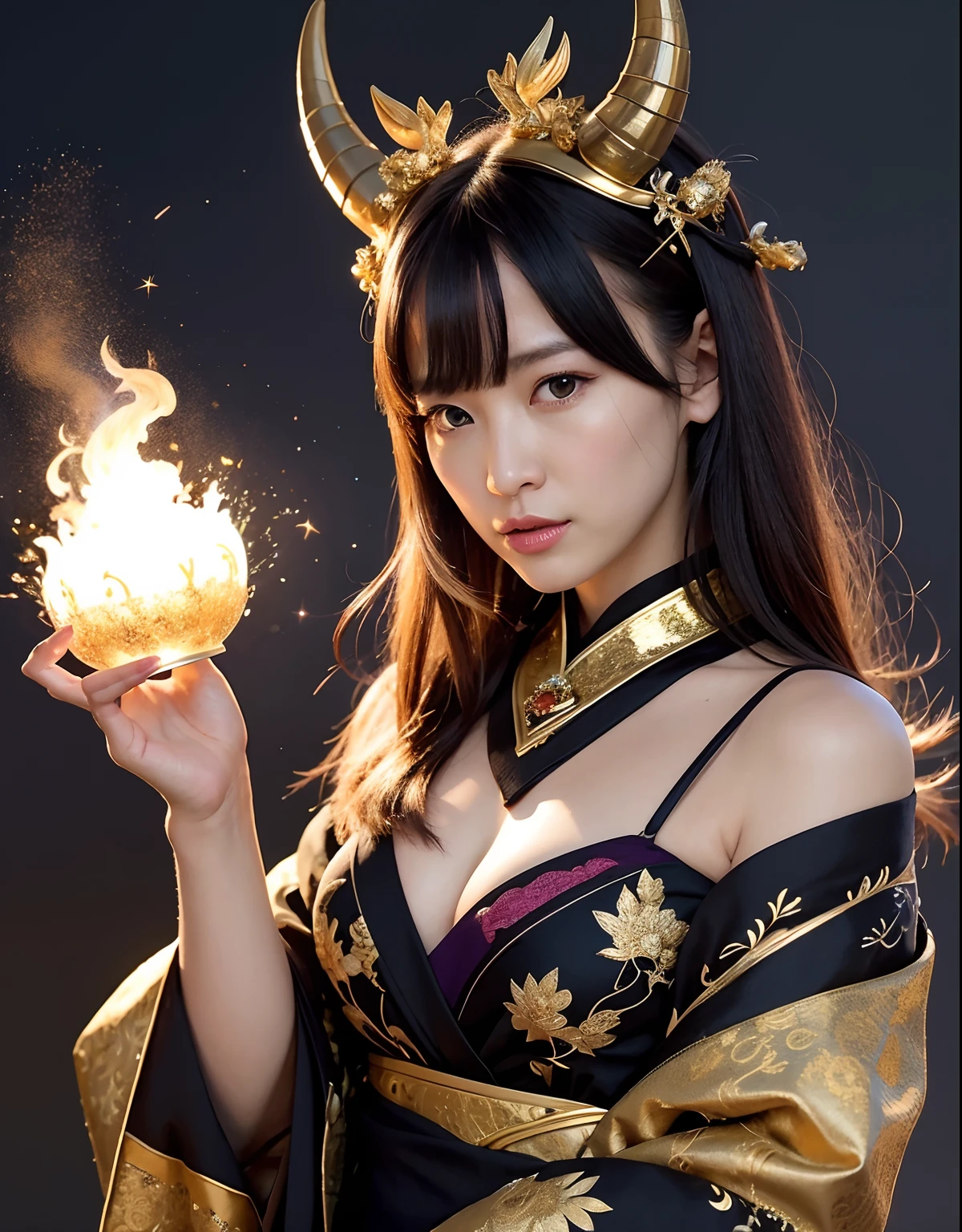 ((World of Darkness)),Professional , masterpiece、top-quality、photos realistic , depth of fields 、Dark Fantasy、(a beauty girl)、(shooting stars:0.9)、(nebulas:1.3)、A dark-haired、(White bikini armor)、(Mystical expression)、(The fox has five tails)((Fight dragons)),(Wear a beautiful kimono),(Wear a beautiful kimono with colorful floral patterns)、Jewel Gold Weapon、Particles of light),(Has a devil's mask)、Gorgeous gold weapons ,(( Gorgeous Dragon Sword)) , (Fox Mask),,(maikurobikini) 、((Black Haired Beautiful Girl))、(Castle background)、(demonic wings)、((Gangle's forest background))、Beautiful Caucasian beauty、1a person、dynamic ungle,(((Two devil's horns on the head)))、Smaller head、Idle Smile、Thin and beautiful female hands、Mystical expression、Light Effects、intense fighting、Wind-effect、magic circles、With the legendary magic wand、Dragon's tail、