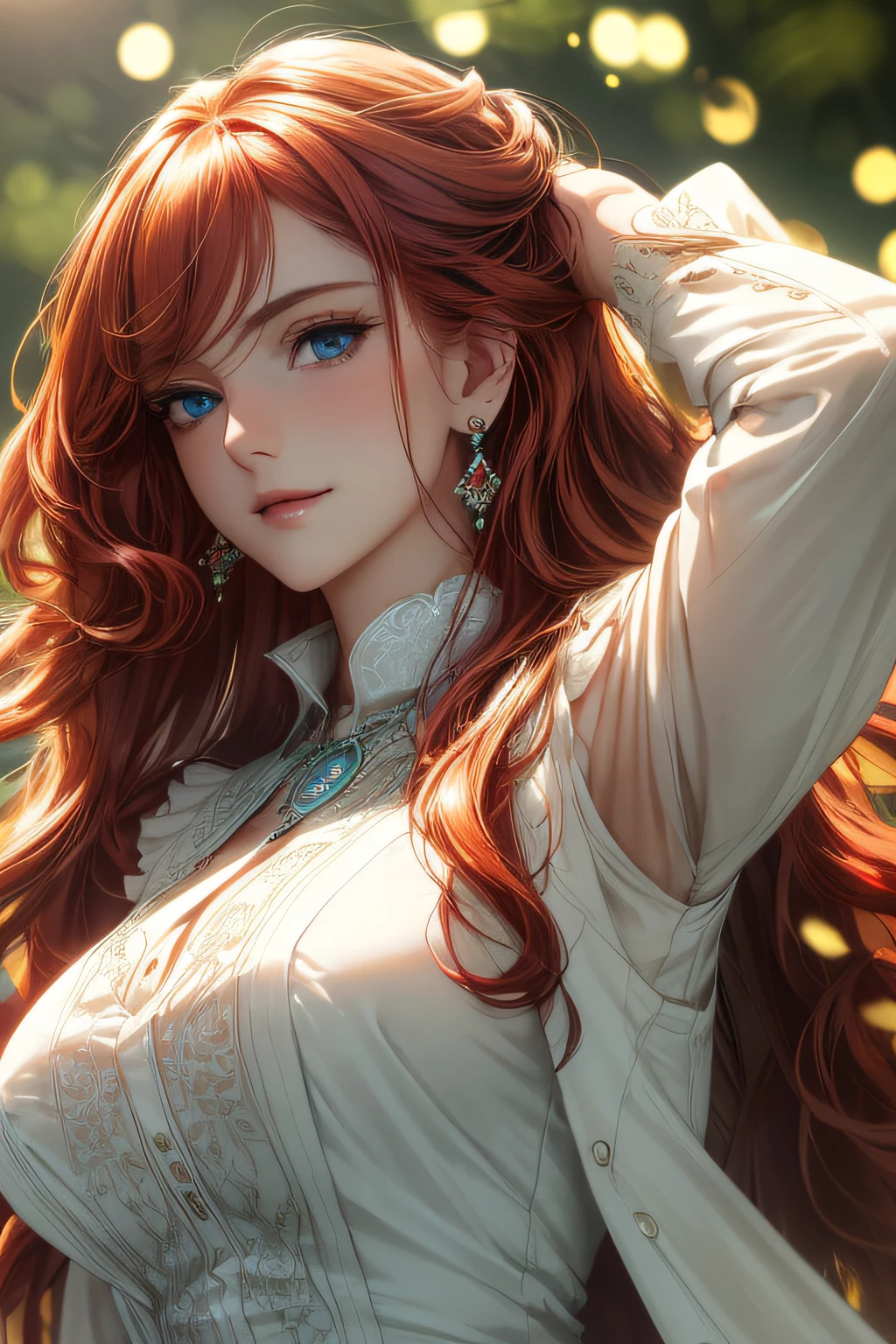 (masterpiece,best quality,ultra_detailed,highres,absurdres) solo, female focus, mysterious, Extremely gorgeous, 1 mature female, 25-ish, long redhead wavy hair (red hair), wept bangs, floating hair, sidelocks, beautiful detailed Glass hair, delicate beautiful face, bright happy smile, Iridescence and colorful eyes (detailed eyes), Delicate arms and hands, big_breasts, (blue eyes), white skin, delicate metal decorations, earrings, Beautifully gorgeous necklace, flowing lace, surreal, intricate light, Flying green petals, lens flare, absurdres, highres, very fine 8KCG wallpapers, simple background, ((close-up shot)), (((modern clothes))) (vest, looking at viewer, collared shirt, long sleeves, white shirt, red vest, earings).