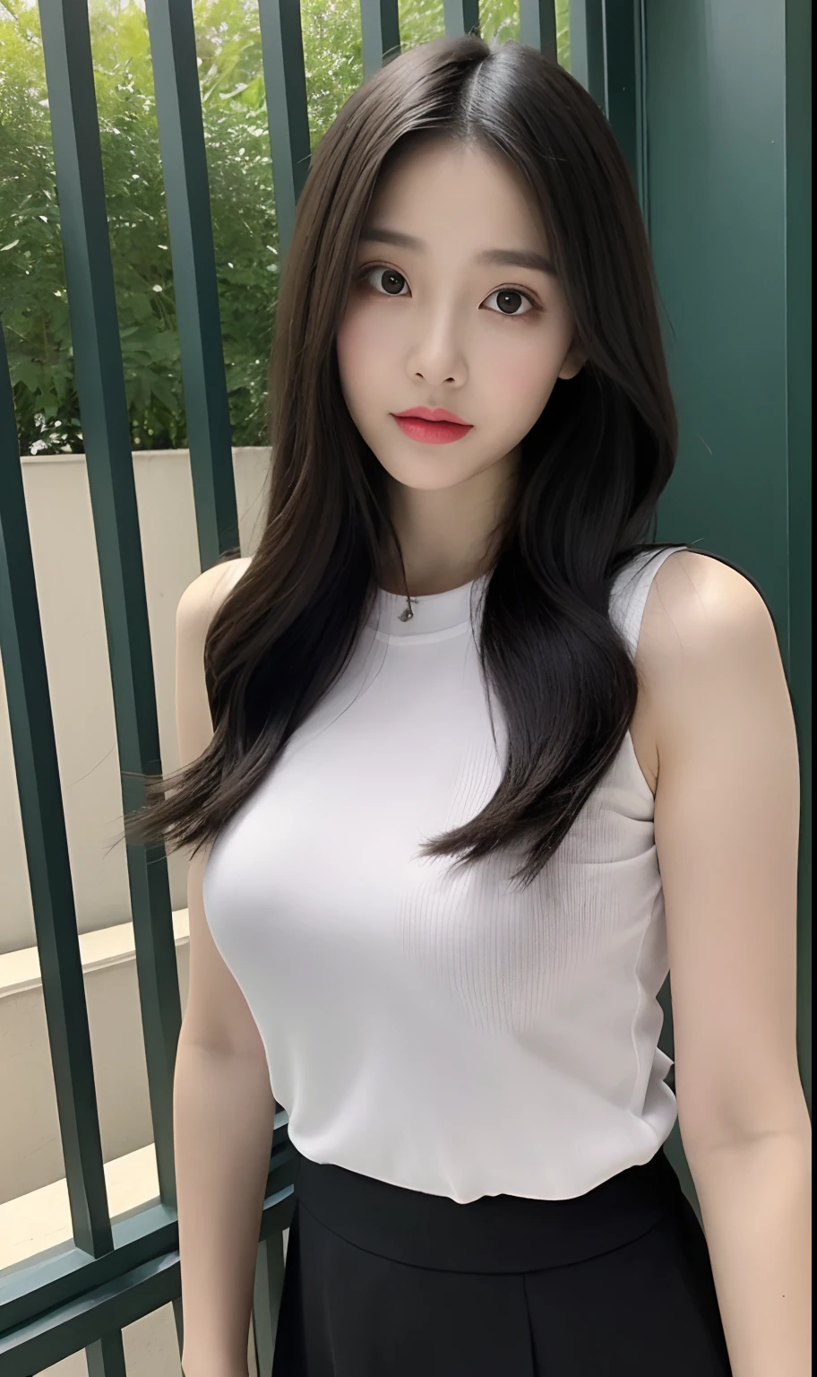 A perfect young female white-collar worker，Chinese big breasts，High picture quality，Works of masters，Black hair，Long hair shawl，Long hair flowing over the shoulders，Beach wave hairstyle，cropped shoulders，鎖骨，exquisite face，Hydrated red lips，（（Wear a T-shirt，Skirt，black lence stockings，Long legs 16k，Stand up，Suzhou Garden，On the bridge，Do not show your hands，Close-up shot