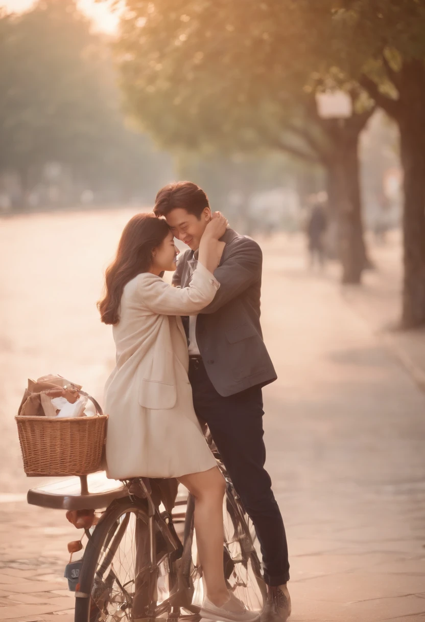 nostalgic, romantic, a young couple, Holding hands, rides a bike, street scene, Old buildings, Vintage fashion, love letter, Cassette tapes, Walkman, Sunset, park bench, smile shy, Secret rendezvous, Handwritten notes, Sweet gestures, Gentle touch, Stolen gaze, Heartfelt conversations, First love, Innocence, passion, simplicity, undying, Soft Focus, Warm colors, Vintage filter, Soft breeze, Happy memories, Hidden kiss, Prolonged hugs, Simple joy, Carefree, pure, genuine, Love in the air, 80's soundtrack、Korea person