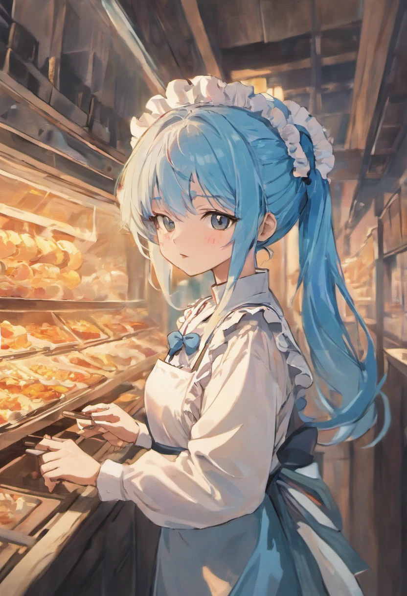 anime character with blue hair and a white apron, anime girl in a maid costume, anime girl named lucy, anime moe artstyle, rei hiroe, iwakura lain, maid, as an anime character, tsuaii, loli, yuyushiki, close up iwakura lain, hana yata, hestia, rin, 2 d anime style