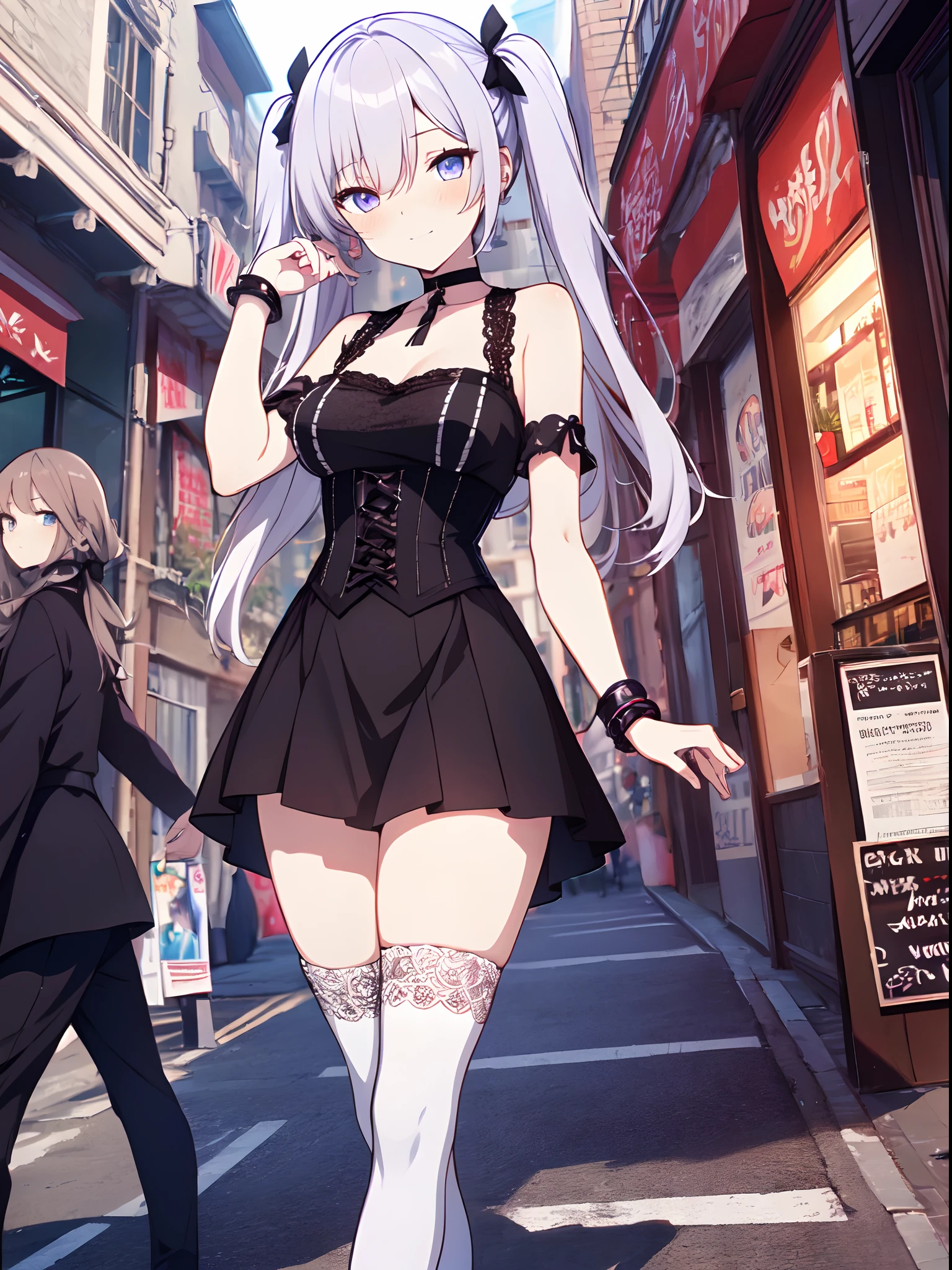 ((masterpiece)), ((Best Quality)), anime style, 1girl, solo, The most detailed skin, Lace blouse, corset, high-waist skirt, knee-high stockings, a hint of lace underwear showing, short-heeled boots, choker around the neck, lace bracelet on the wrist, //, Stunned expression, Girl with troubled face, Ecstasy, (sexual expression), smile, blush, Red face, //, large breasts, voluptuous body, //, Twin tails hair, Pale lavender hair color, (beautiful eyes), white skin, //, Downtown, in front of a cafe, with people passing by, (thick lines:1.2)