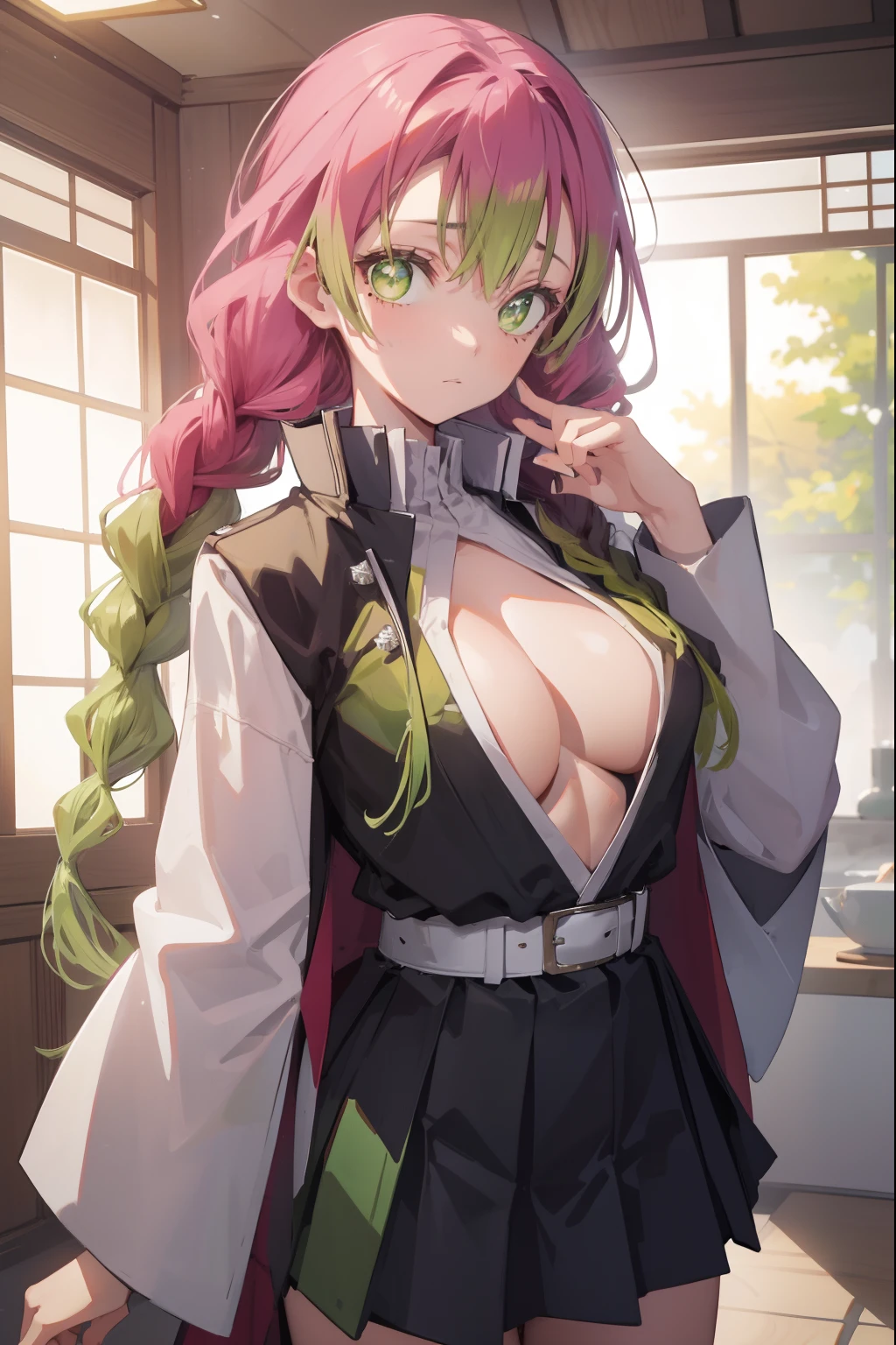 mitsurikanroji, mitsuri kanroji, braid, gradient hair, (green eyes:1.5), green hair, long hair, mole,  mole under eye, multicolored hair, pink hair, twin braids, two-tone hair,
BREAK belt, black skirt, cleavage, coat, demon slayer uniform, haori, japanese clothes, long sleeves, miniskirt,  partially unbuttoned, pleated skirt, skirt, uniform,
BREAK looking at viewer,
BREAK indoors,
BREAK (masterpiece:1.2), best quality, high resolution, unity 8k wallpaper, (illustration:0.8), (beautiful detailed eyes:1.6), extremely detailed face, perfect lighting, extremely detailed CG, (perfect hands, perfect anatomy),
