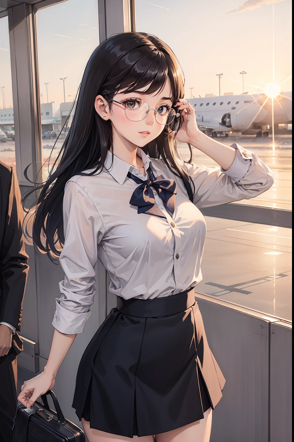 1 girl, elegant face, beautiful, flight attendant outfit, short skirt, best details, airport, sunset, glasses
