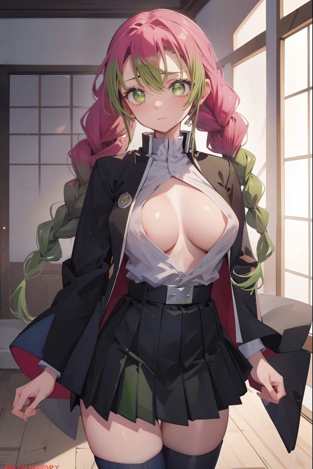 mitsurikanroji, mitsuri kanroji, braid, gradient hair, (green eyes:1.5), green hair, long hair, mole, mole under eye, multicolored hair, pink hair, twin braids, two-tone hair,
BREAK belt, black skirt, cleavage, coat, demon slayer uniform, haori, japanese clothes, long sleeves, miniskirt, partially unbuttoned, pleated skirt, skirt, uniform,
BREAK looking at viewer,
BREAK indoors,
BREAK (masterpiece:1.2), best quality, high resolution, unity 8k wallpaper, (illustration:0.8), (beautiful detailed eyes:1.6), extremely detailed face, perfect lighting, extremely detailed CG, (perfect hands, perfect anatomy),