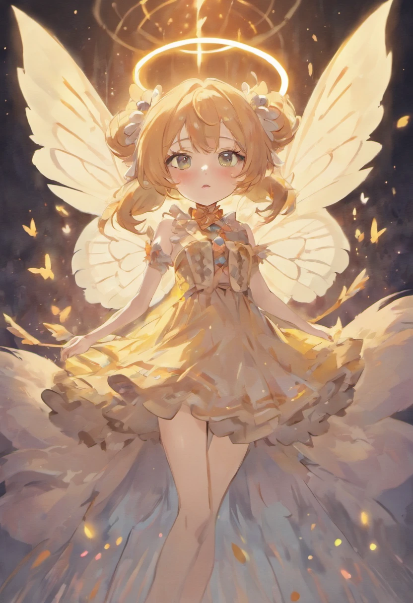 An attractive moth girl with large, fuzzy antennae, delicate wings, and a fluffy tail. She has pale skin, bright eyes, and long hair. She is wearing a simple dress that matches the color of her wings.