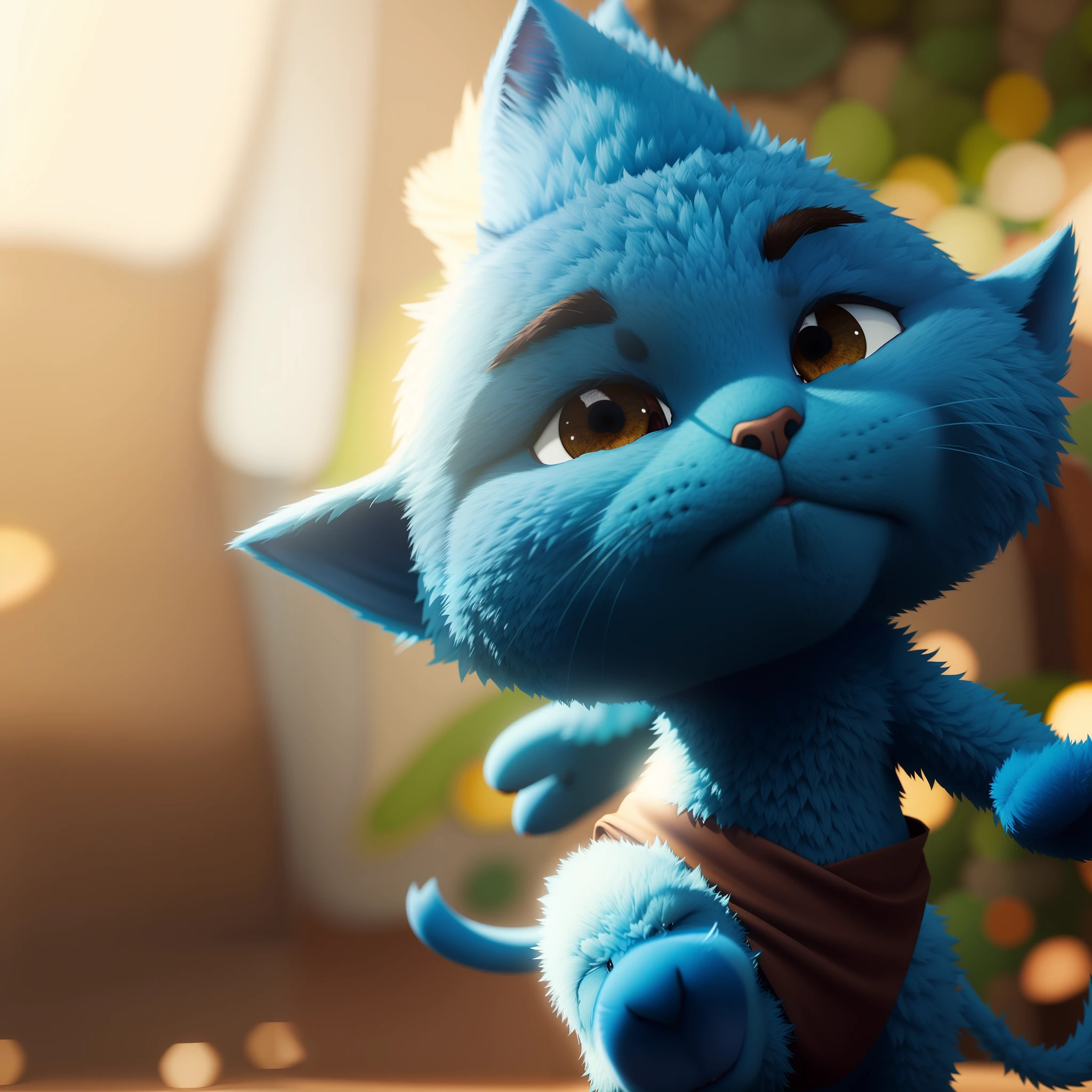 A closeup of a blue cat with a brown diaper on its head, painting digital adorable, design de personagem bonito Pixar, personagem Pixar bonito, bonito 3 d render, Personagem Pixie, Anato Finnstark. Pixar, 3 d animated movie, animated film, troll pequeno bonito, animation movie still, personagem bonito dos desenhos animados, animation film, 3D estilizado, Fanart
