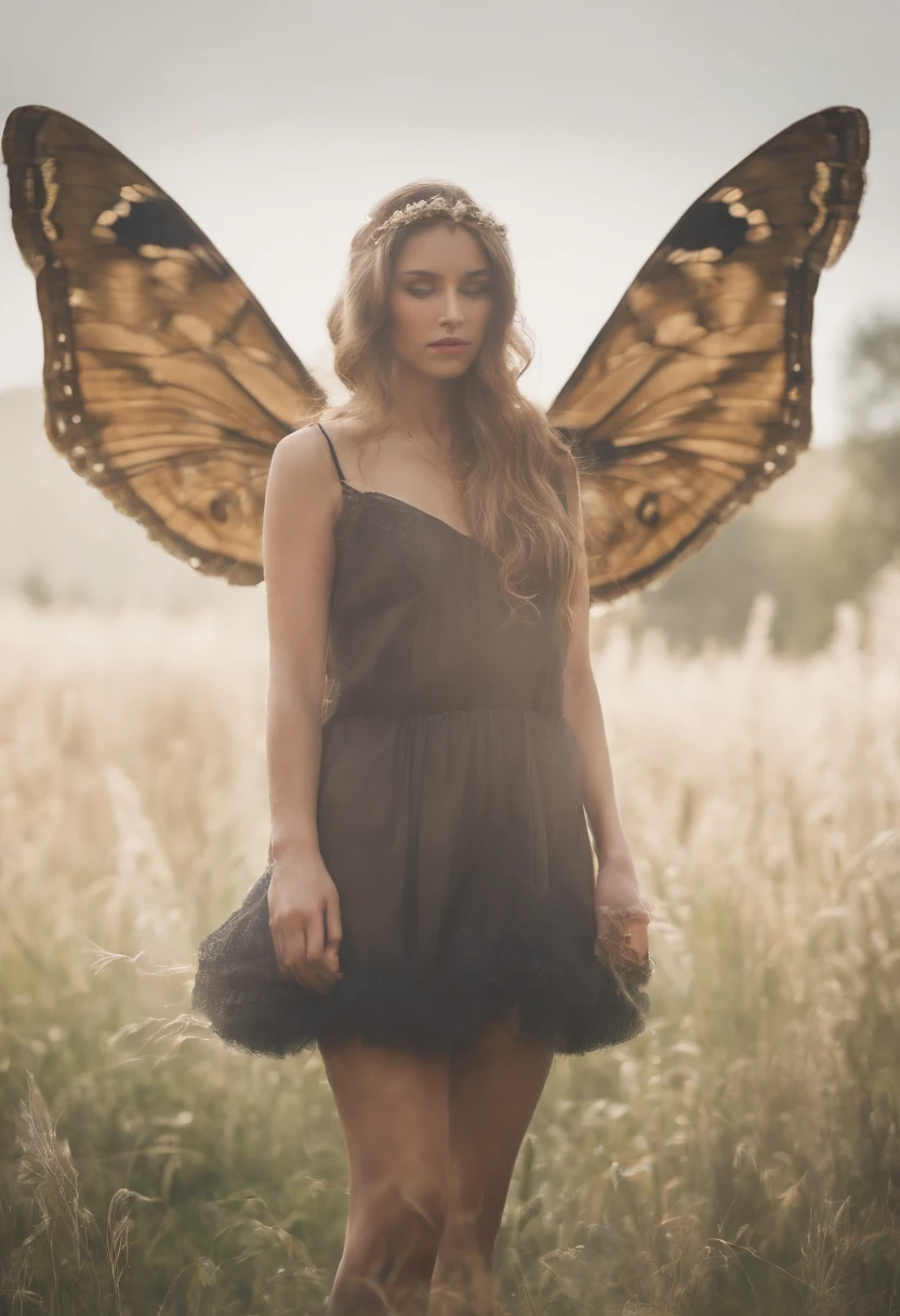 An attractive moth girl with large, fuzzy antennae, delicate wings, and a fluffy tail. She has pale skin, bright eyes, and long hair. She is wearing a simple dress that matches the color of her wings.