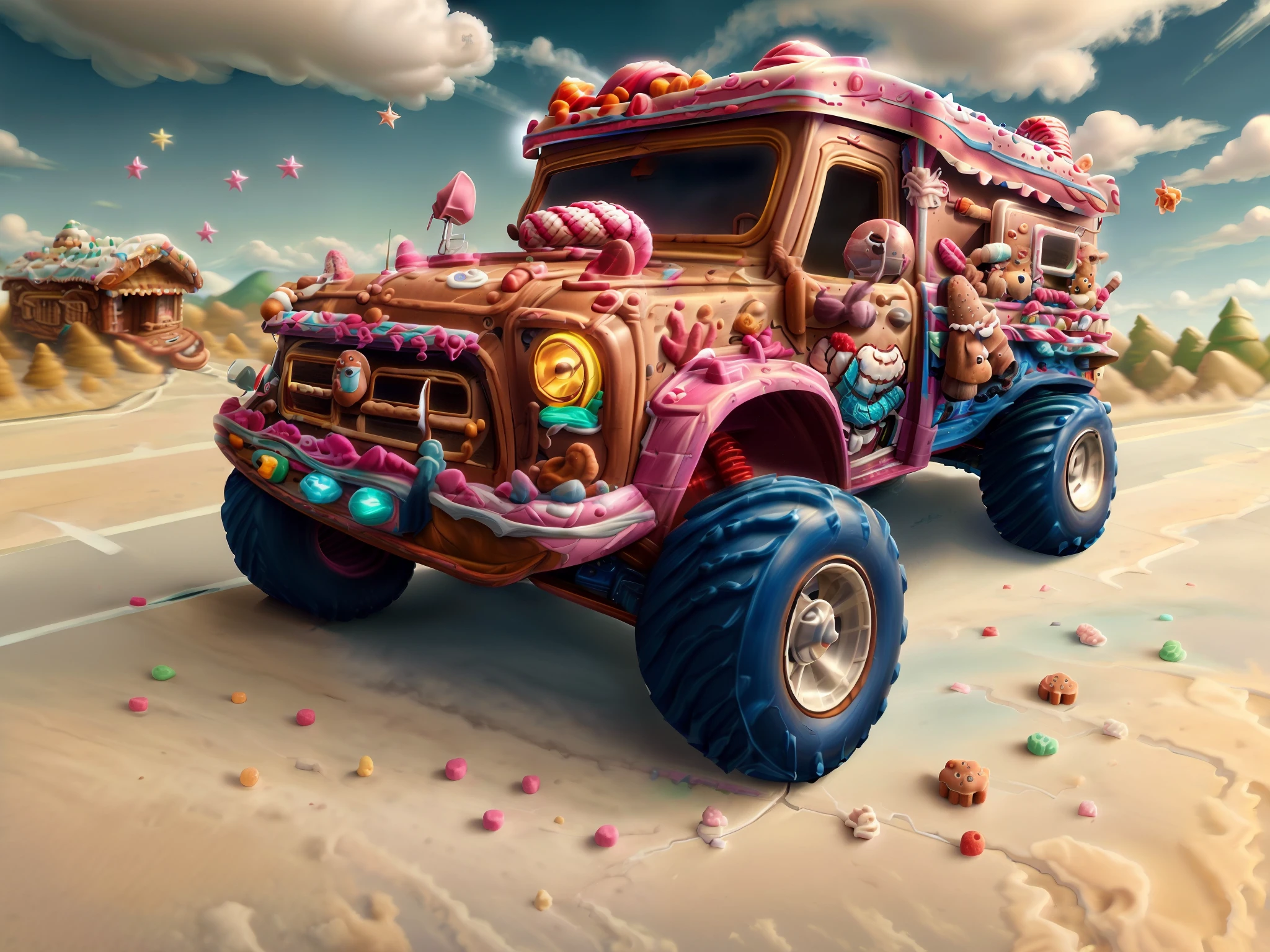 There's a highly detailed toy candy truck, foto comercial do brinquedo, um ultra realista, vibrante e poderoso, monster truck, a full-color airbrushed, tiro largo detalhado, Fora de estrada, very realistic appearance, um hiper realista