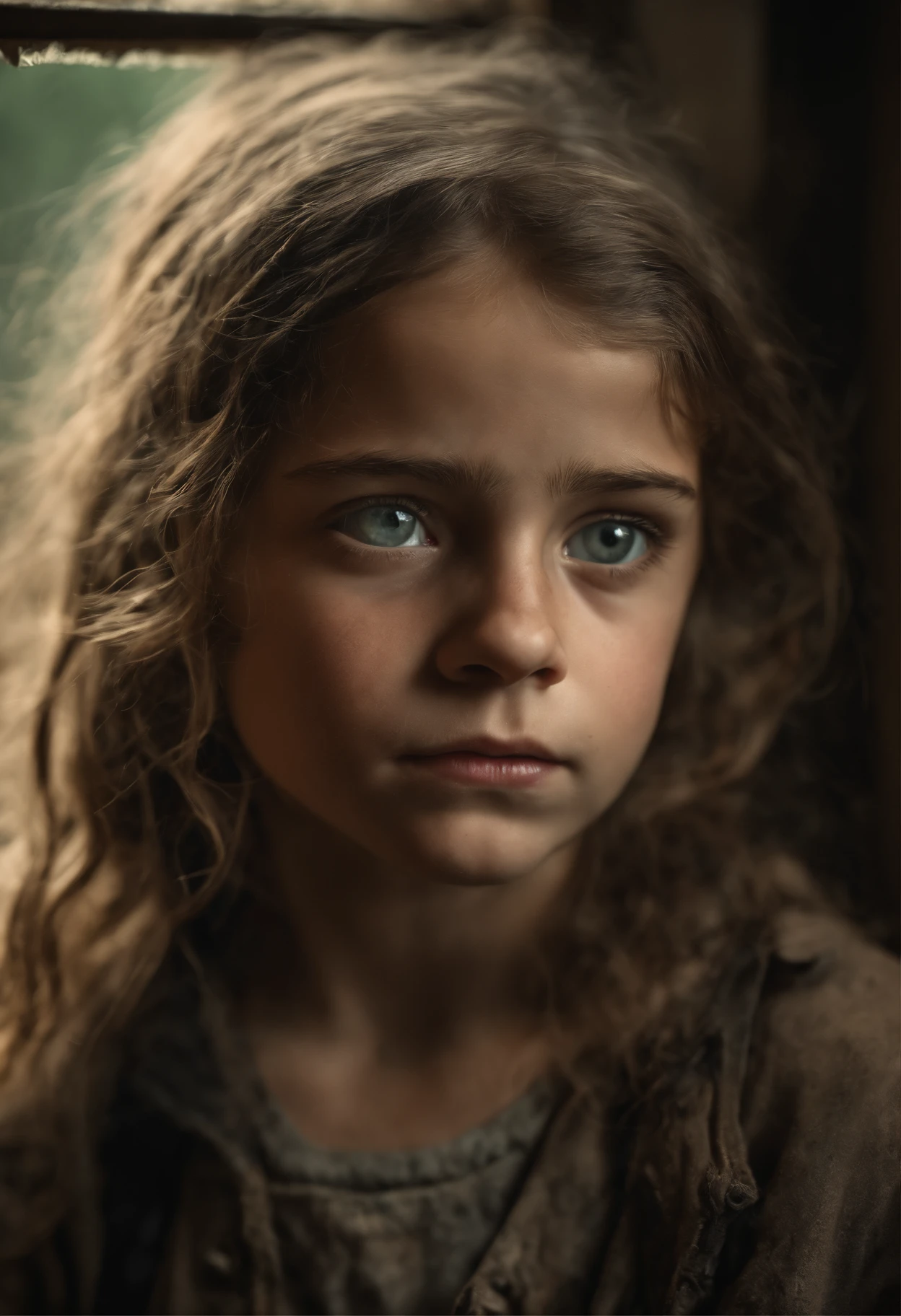 (((best quality))), high detail, depth of field, Focus: 1.2, postapocalyptic girl with cat, weary eyes, fine eyes, big eyes, tattered and rotted clothing, Hair is unkempt and tangled, skin is marred with grime and dirt, abandoned, gloomy room with a broken window, detailed face and eyes is sad and scared, ((masterpiece)), (realistic photo:1.5), (((high resolution illustration))), (((extremely detailed))), dramatic shadows, cinematic
