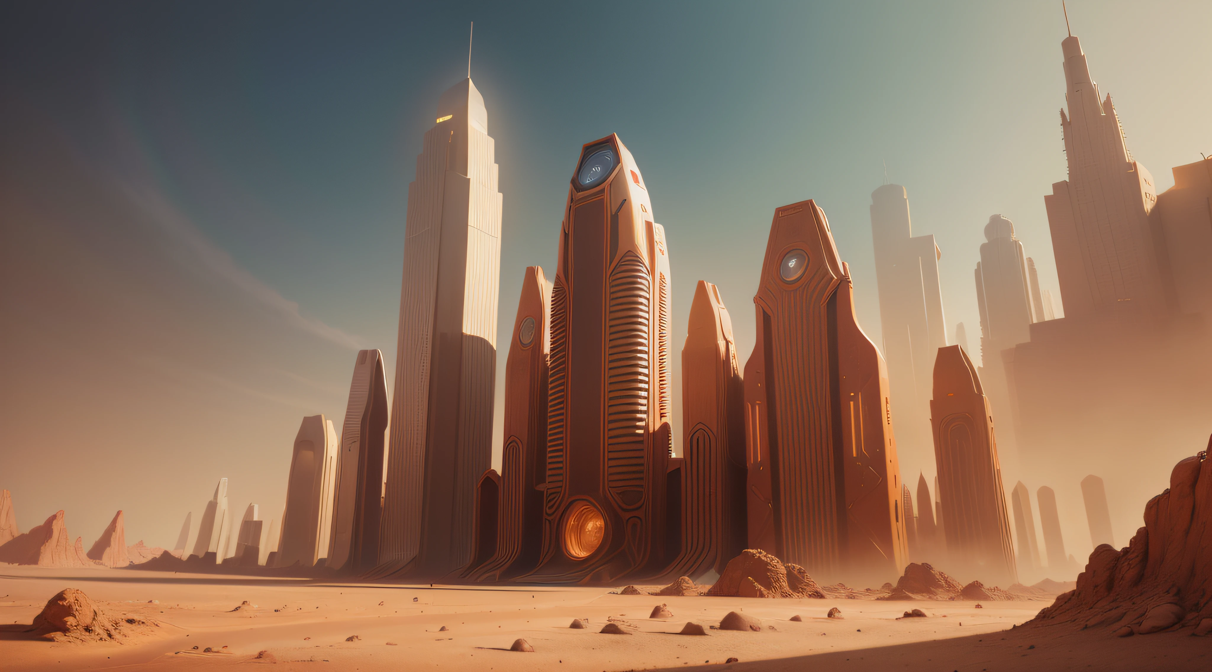 City on Mars with unusual architecture, background surface of Mars, digital photo, rendering, full size, correct shapes, realistic vision, very high detail, sharp focus, shooting with a DSLR camera, 16k, Full HD