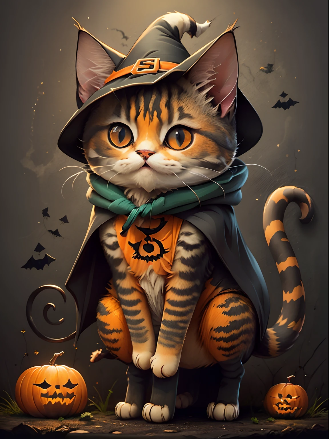 adesivo bonito dos desenhos animados de um gato vestida como um bruxo de capa roxa escura, style cartoon, Halloween