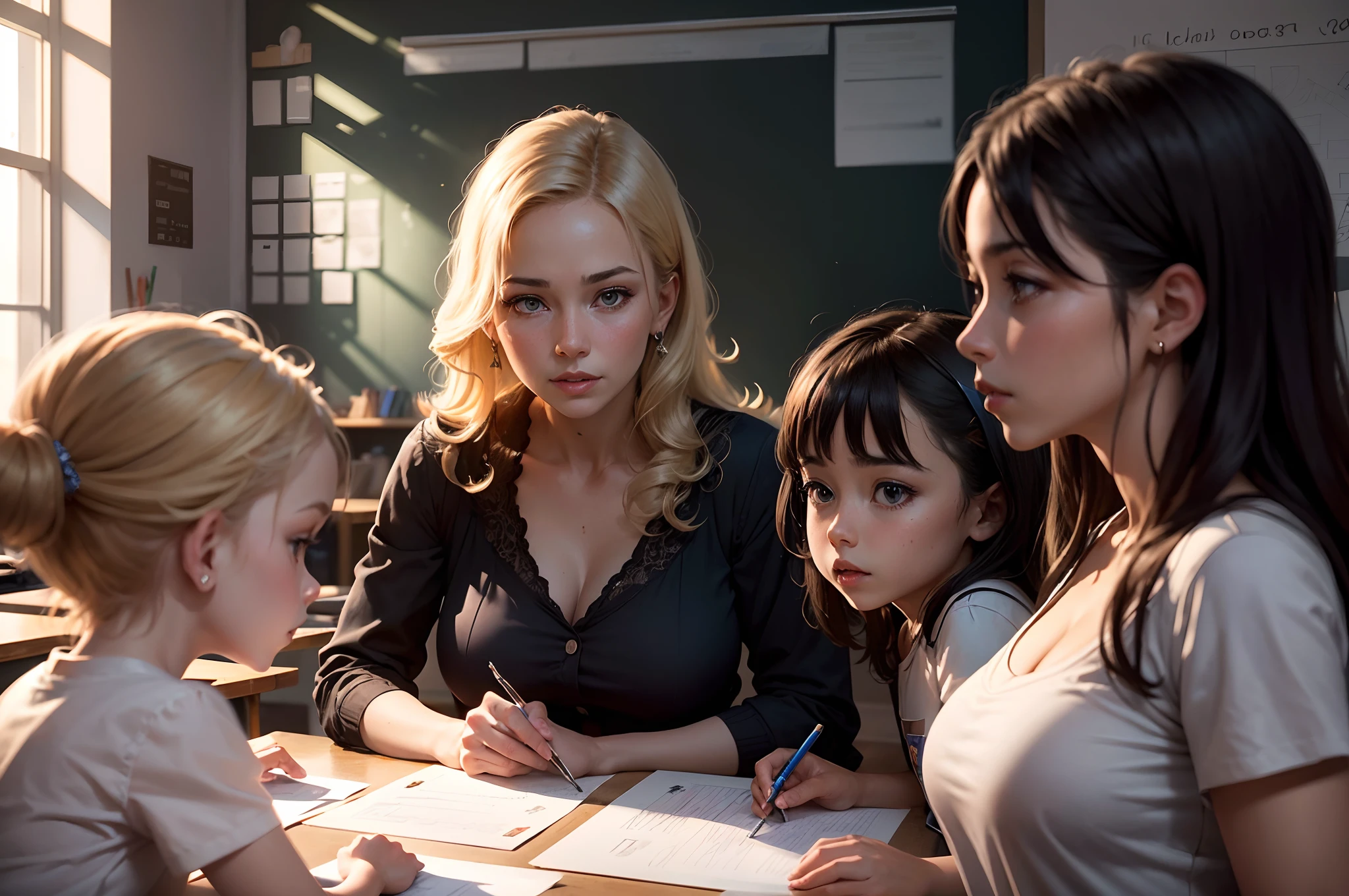Masterpiece, (best quality kindergarten teacher (with her students:1.33)), perfect shading, dramatic lighting, rendered in 8K resolution for high-quality detail, trending on artstation, concept art, smooth, sharp focus, illustration, highly detailed, soft natural volumetric, cinematic perfect light, intricate details