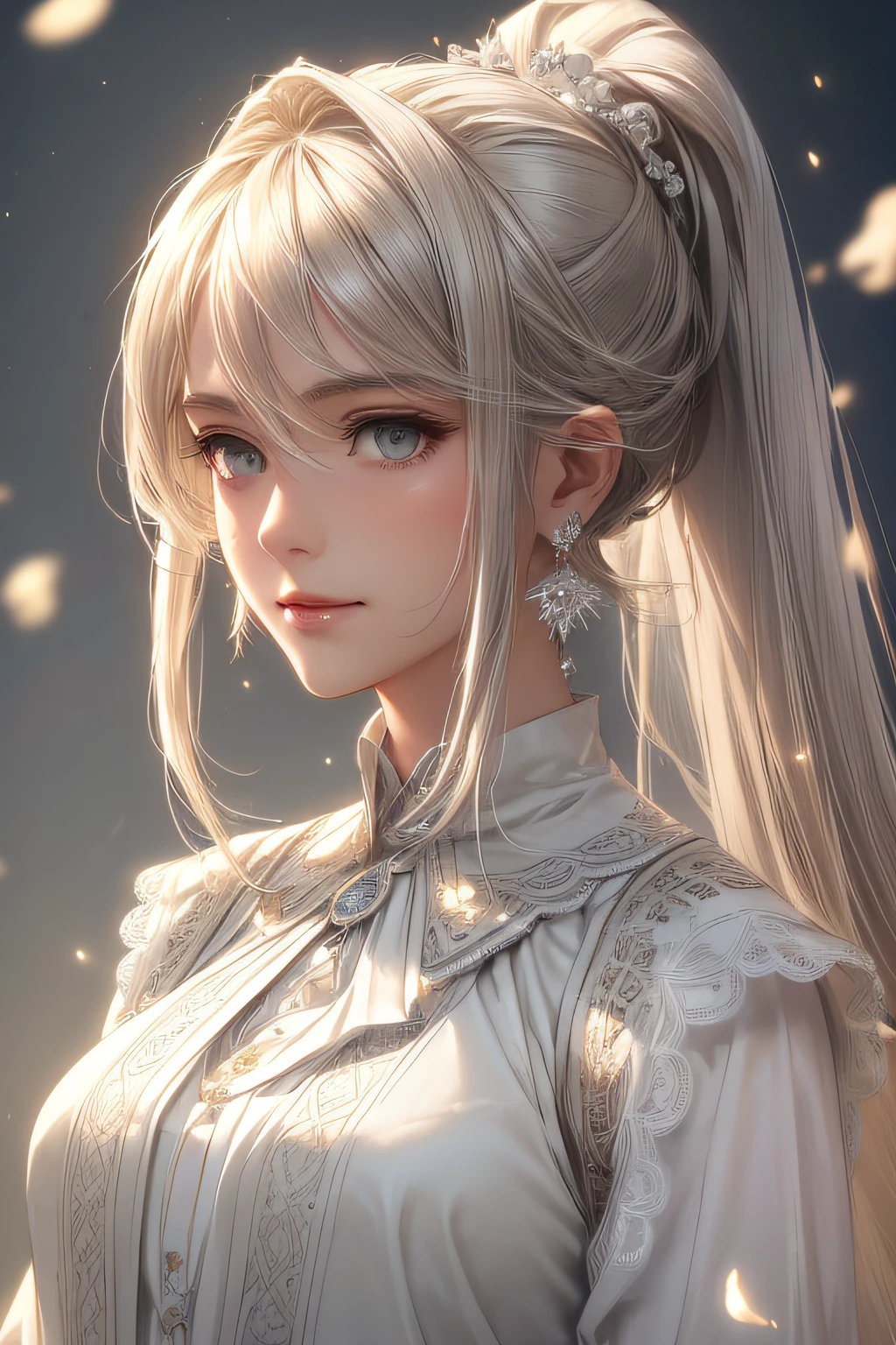 (masterpiece,best quality,ultra_detailed,highres,absurdres) solo, female focus, mysterious, Extremely gorgeous, 1 mature female, 25-ish, sand blond ponytail hair, wept bangs, floating hair, sidelocks, beautiful detailed Glass hair, delicate beautiful face, happy smile, close_mouth, Iridescence and colorful eyes (detailed eyes), Delicate arms and hands, medium_breasts, (grey eyes), white skin, delicate metal decorations, earrings, Beautifully gorgeous necklace, flowing lace, surreal, intricate light, Flying white petals, lens flare, absurdres, highres, very fine 8KCG wallpapers, simple background, ((close-up shot)), (((modern clothes))) (vest, looking at viewer, collared shirt, long sleeves, white shirt, black vest, earings).
