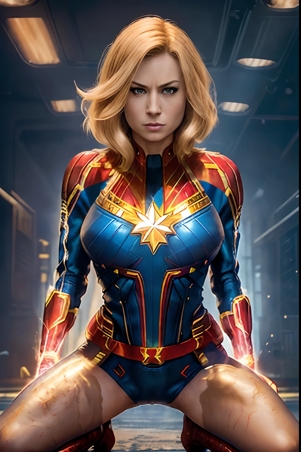 Captain Marvel,Clearly visible erect nipples,((Full nude and beautiful woman wearing Captain Marvel body paint))、Clearly visible erect nipples,a blond、ultramarine eyes、semilong hairstyle、Colossal tits (Woman in her 20s),drenched in sweat,pose (knees bent and legs wide open)