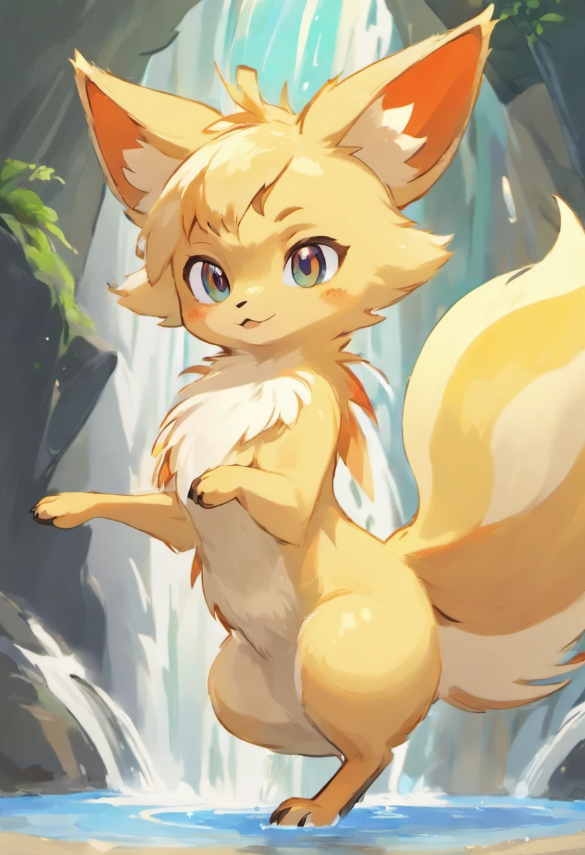 animal focus, three-quarter view, (feral), fennekin fire, presenting hindquarters, fur, raised tail, (solo), big eyes, pupils, paws, waterfall, ((symmetrical)), female, anatomically correct, anatomically correct , canine, animal , masterpiece, best quality, by hioshiru, snowskau, foxovh. impasto impressionism, by Michael & Inessa Garmash, Ruan Jia, Pino Daeni, detailed background, blowjob, take a big dick in mouth,cum in mouth