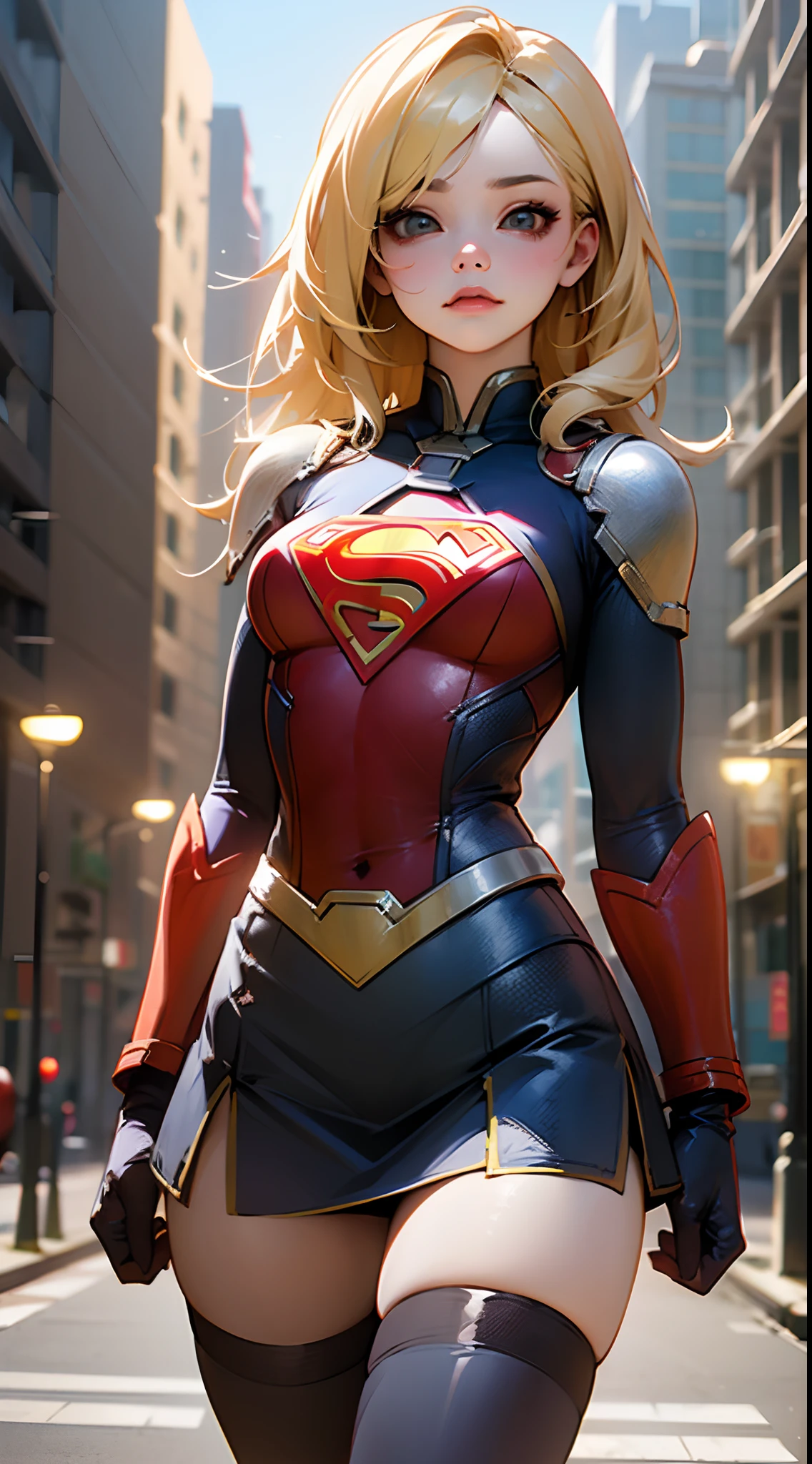 ((Realistic Lighting, Best Quality, 8K, Masterpiece: 1.3)), Focus: 1.2, 1girl, Chinese beauty in perfect shape: 1.4, Fine Abs: 1.1, ((blonde hair)), (Supergirl uniform, atex: 1.4) BDSM ARMS BACK (Woodwood background, Night: 1.1), City streets, Super thin face, Thin eyes, Double eyelids, Miniskirt latex, (Black socks over the knee: 1.5)