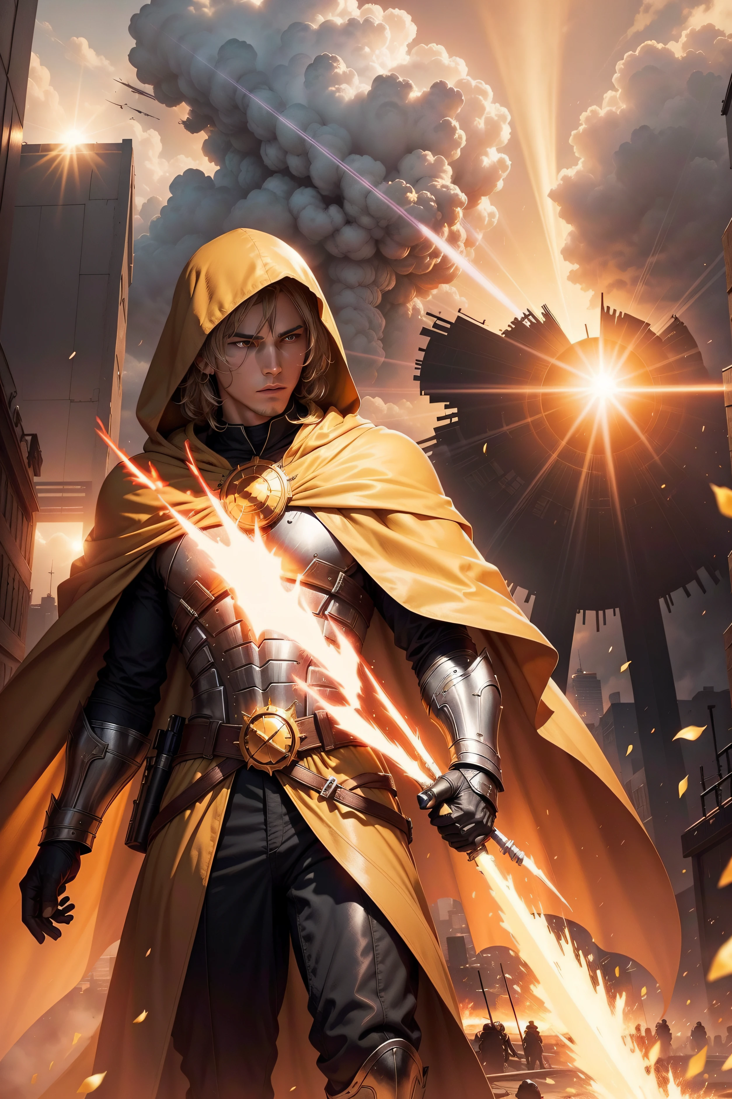 Knight MAN wearing clothes, yellow (cloak with a sun symbol: 1.2),white tunic with sun symbol on chest, sci-fi weapons, explosions, city on fire in background, fc Portrait