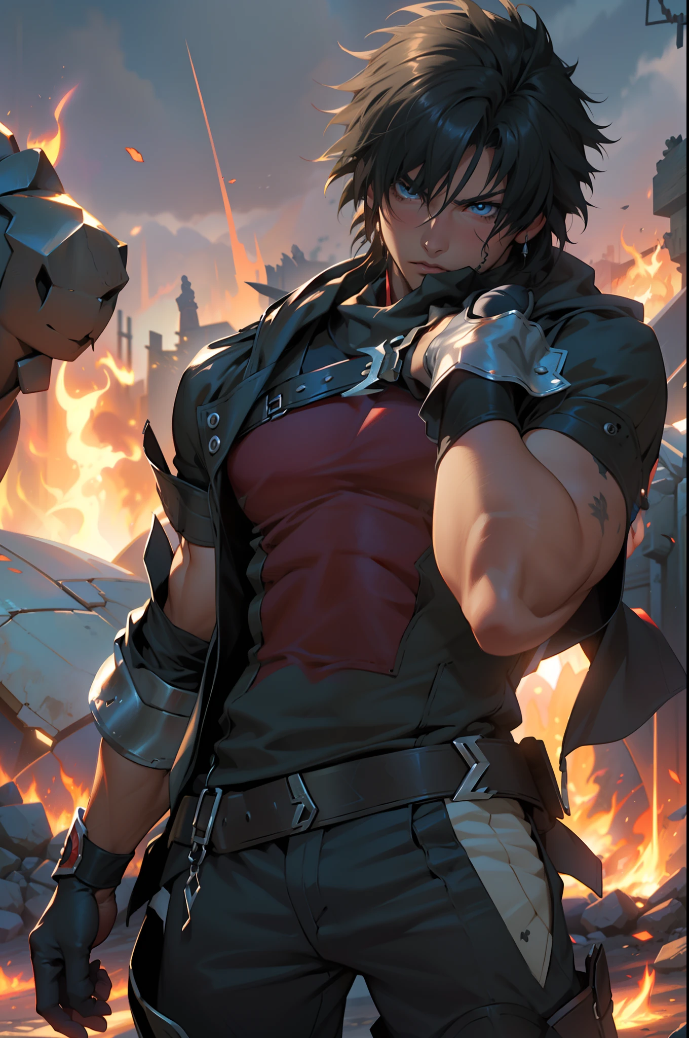 (absurdos, Altas Resoluciones, Ultra detallado, HDR), Obra maestra, La mejor calidad, final fantasy xvi, clive rosfield, 1hombre solamente, guapo, pelo corto, cabello negro, Ojos azules vibrantes, ojos finos y cara detalladas, (((Fuego, llamas, a su espalda)) Armadura, ((Arma intrincada)). Final Fantasy, clive rosfield,, abs, badass pose, Chico de anime con las manos en la cabeza, Hermosa pose de anime, Anime hombre guapo, Personaje masculino de anime, Badass Anime 8K, Arte detallado del personaje de anime, Concepto de anime HDR Anime MacManus, Chico anime, Ikuto Yamashita, Anime CG arte suave, Fondo de pantalla de manga 4 k, inspirado por Yamagata Hiro, Wallaper de anime
